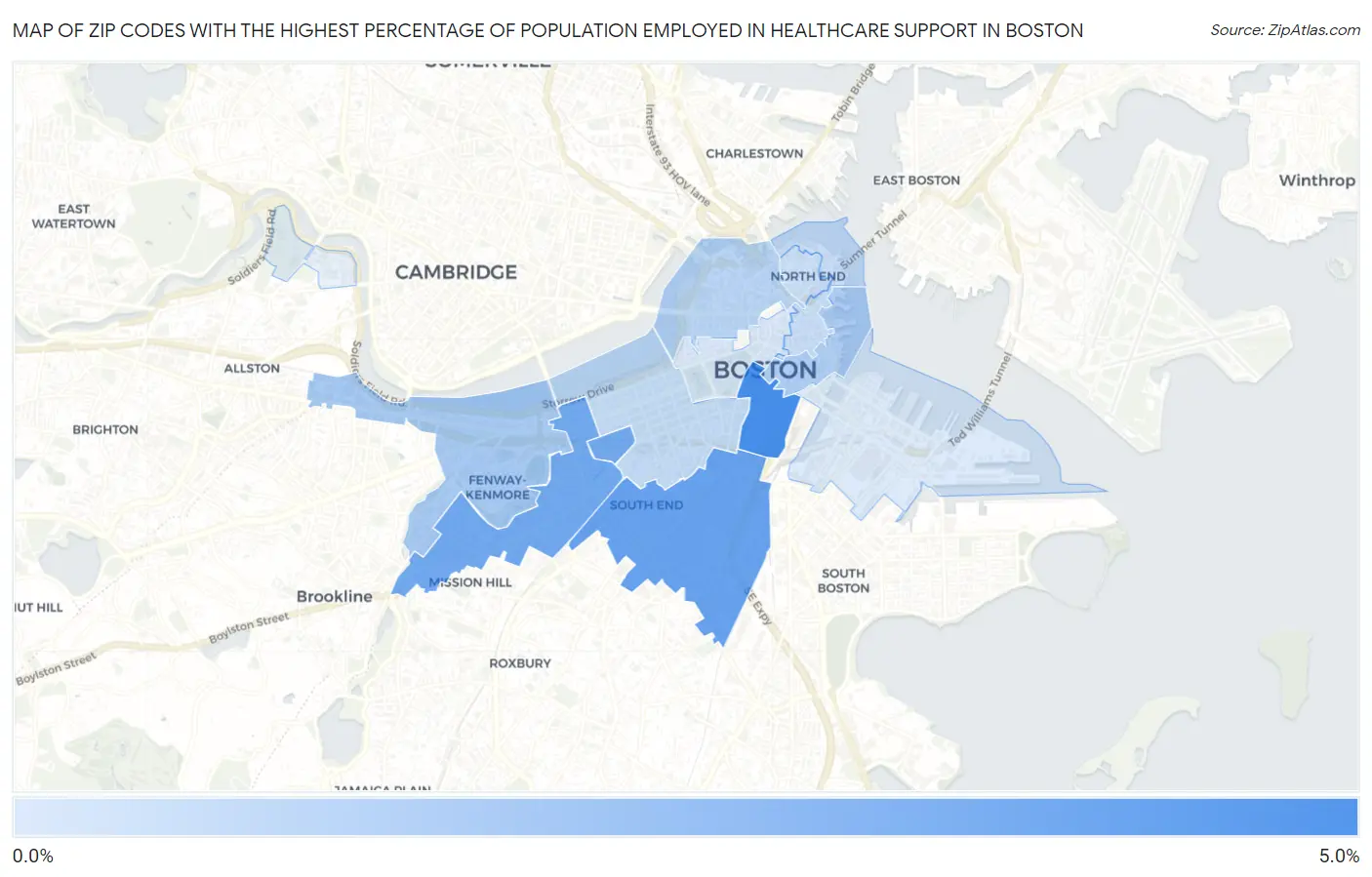 Zip Codes with the Highest Percentage of Population Employed in Healthcare Support in Boston Map