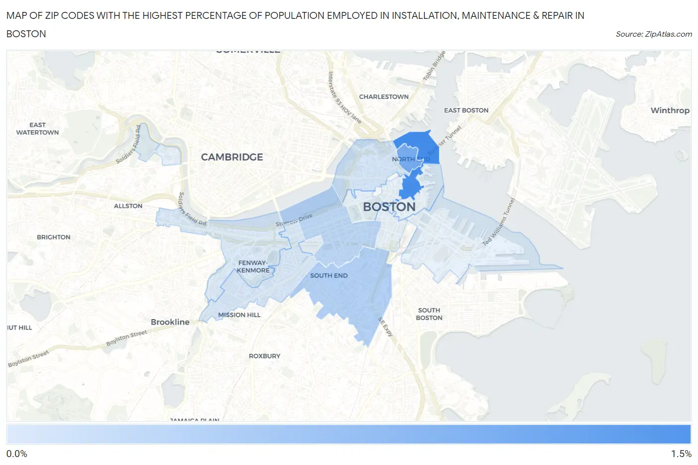 Zip Codes with the Highest Percentage of Population Employed in Installation, Maintenance & Repair in Boston Map