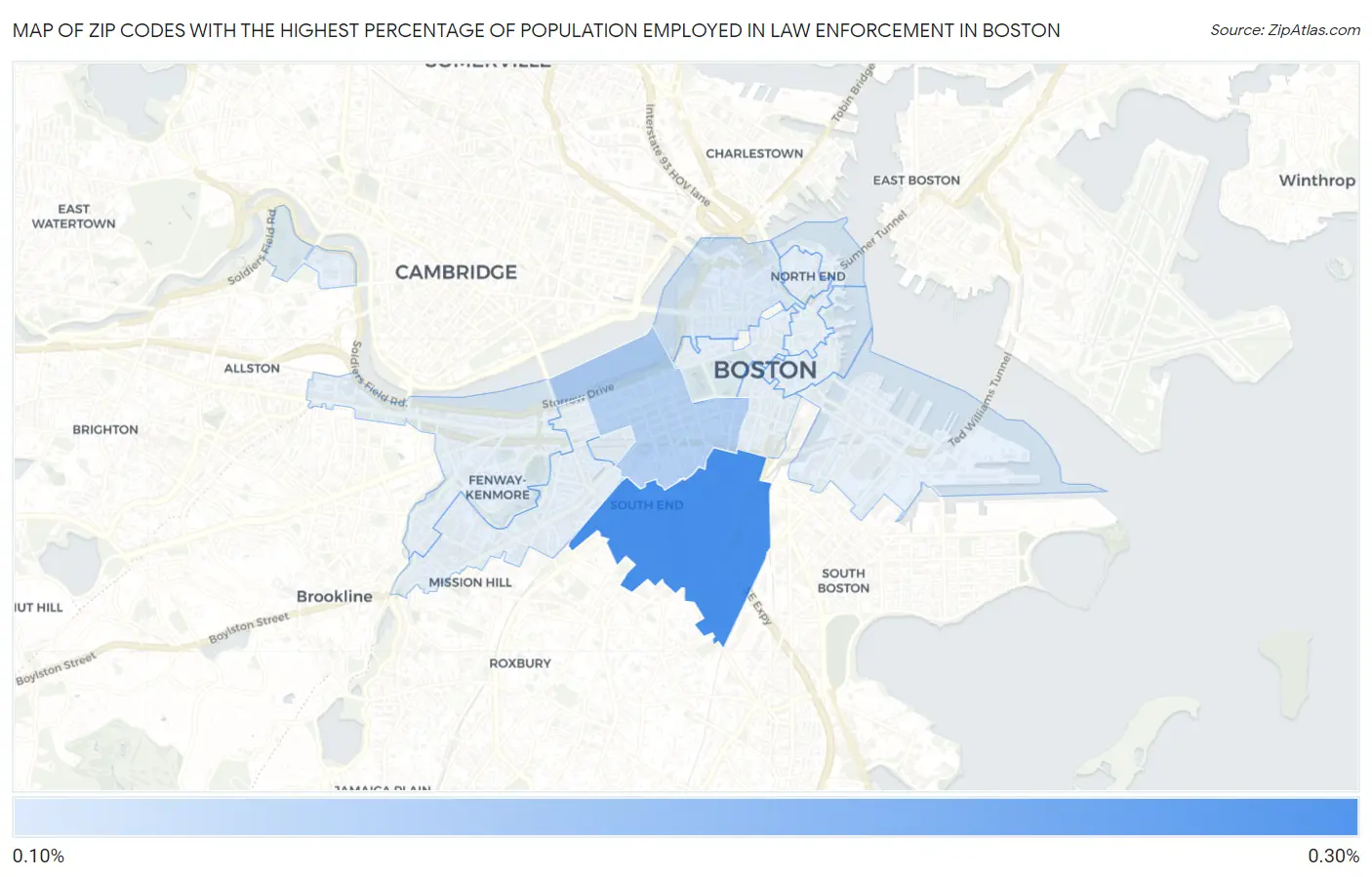Zip Codes with the Highest Percentage of Population Employed in Law Enforcement in Boston Map