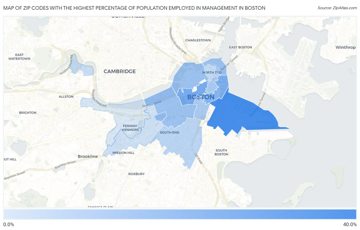 Zip Codes with the Highest Percentage of Population Employed in Management in Boston Map