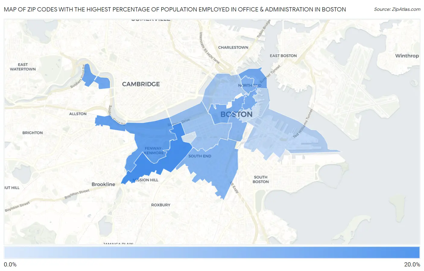 Zip Codes with the Highest Percentage of Population Employed in Office & Administration in Boston Map