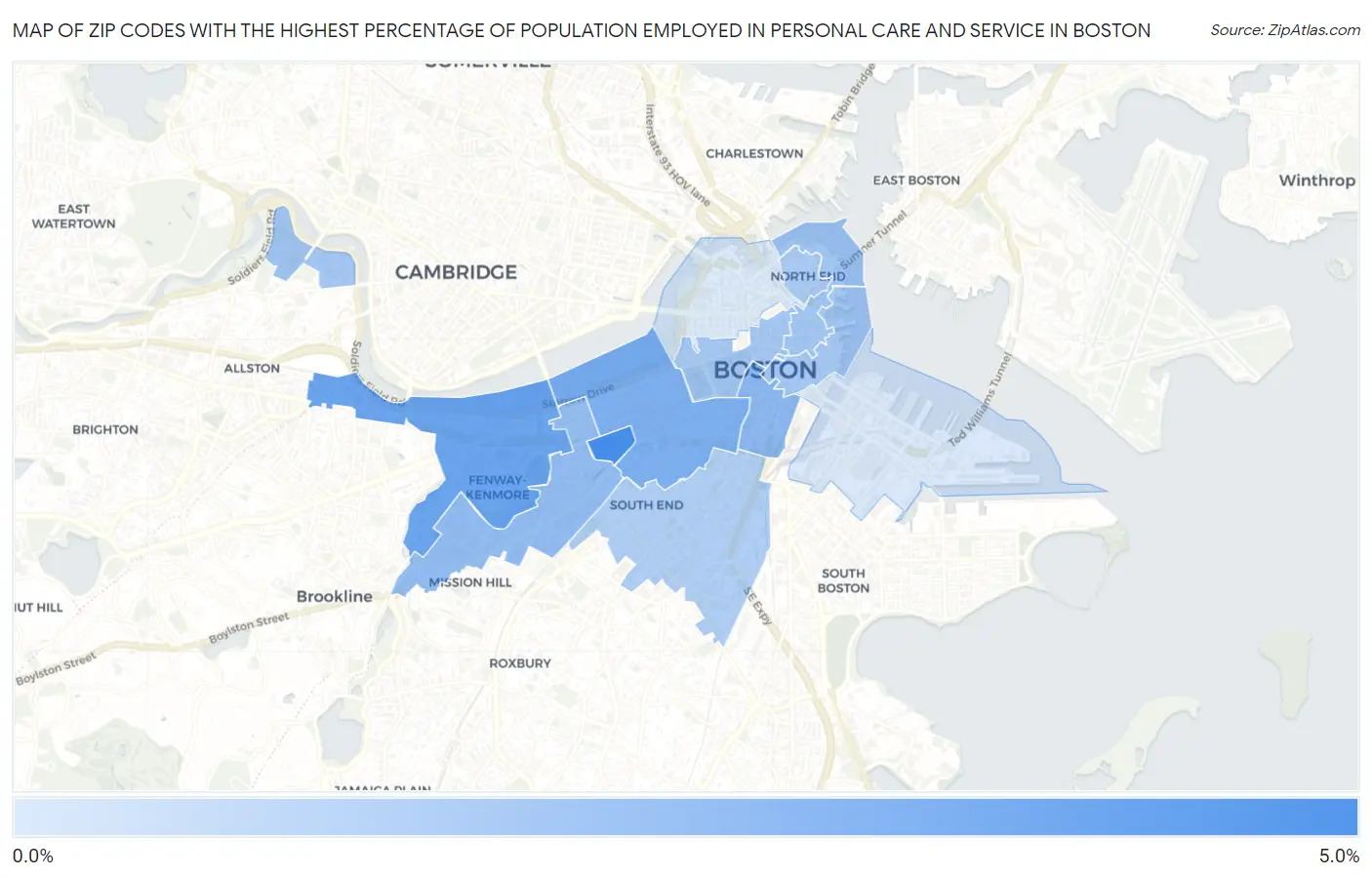 Zip Codes with the Highest Percentage of Population Employed in Personal Care and Service in Boston Map