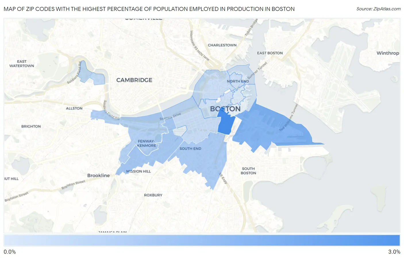 Zip Codes with the Highest Percentage of Population Employed in Production in Boston Map