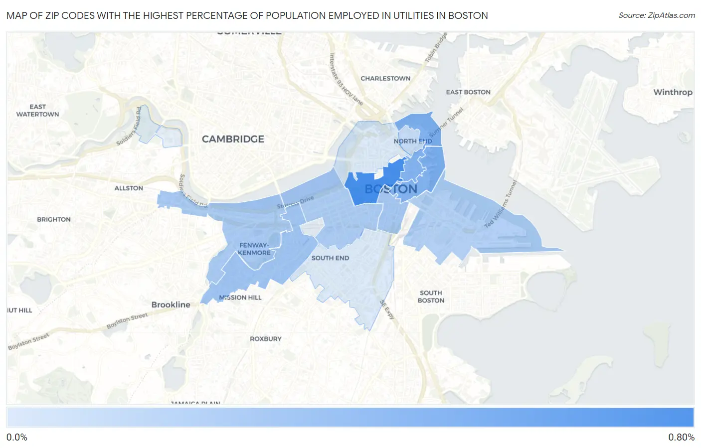 Zip Codes with the Highest Percentage of Population Employed in Utilities in Boston Map