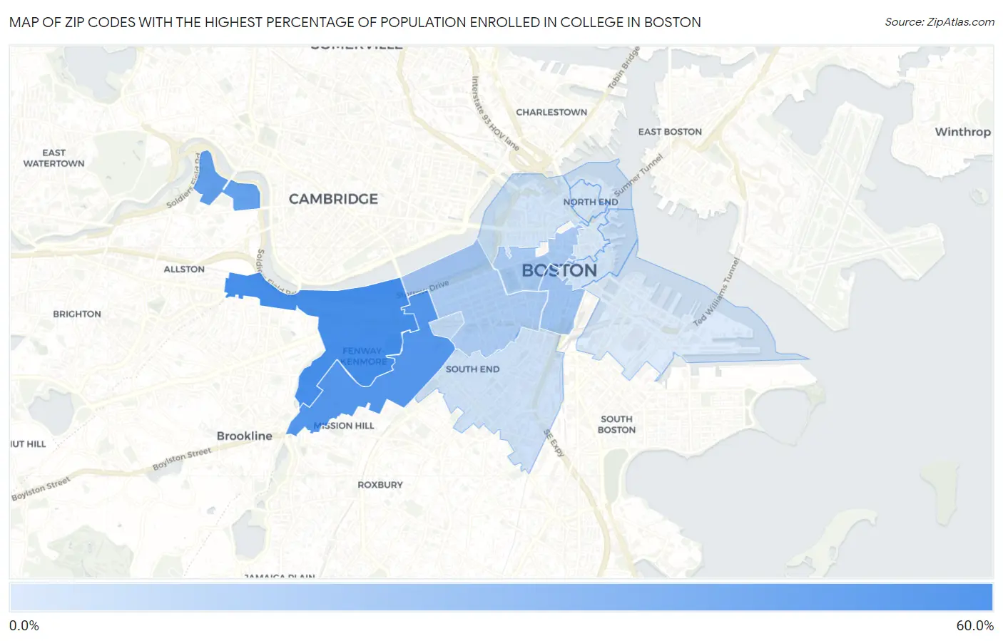 Zip Codes with the Highest Percentage of Population Enrolled in College in Boston Map