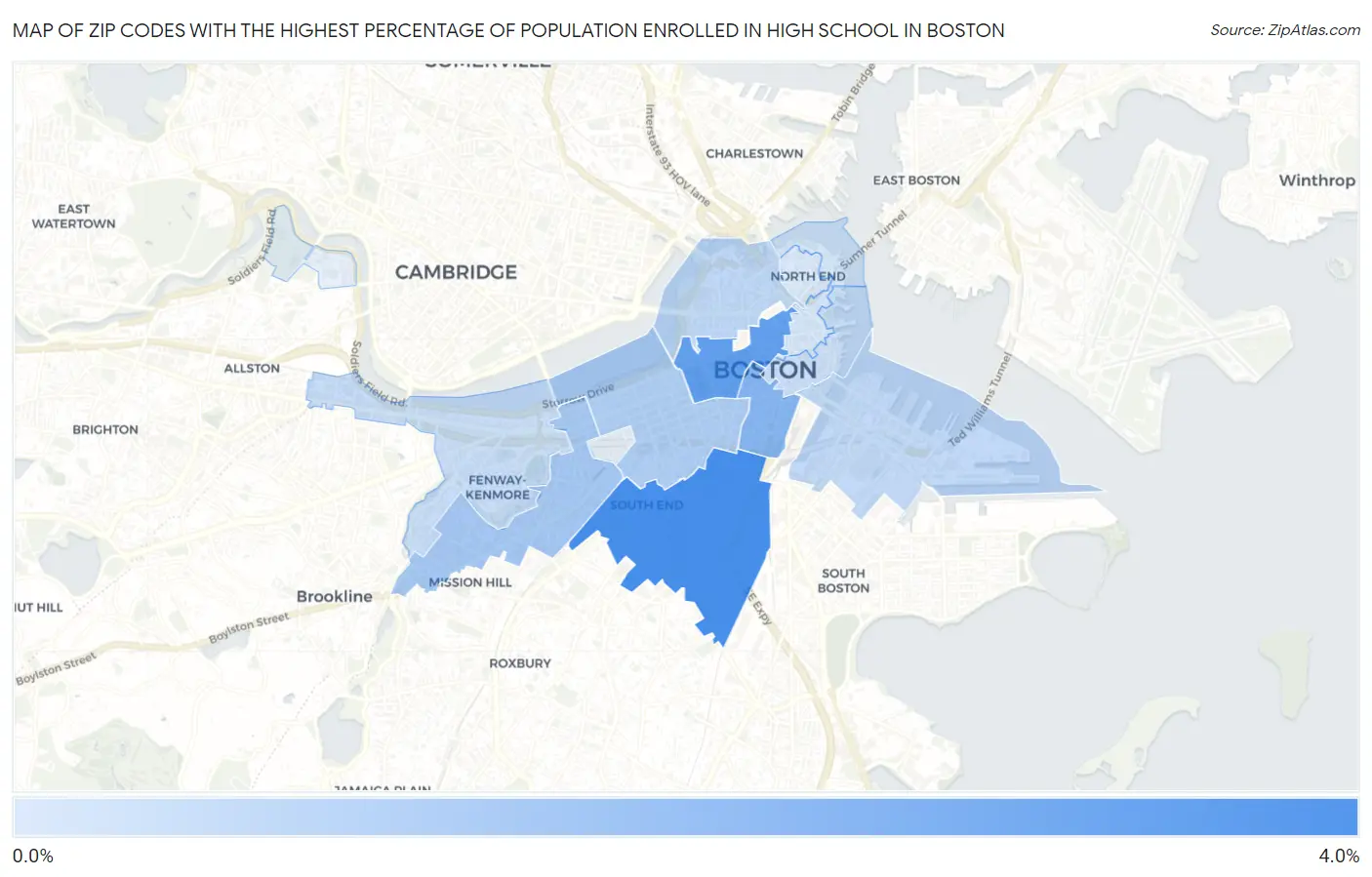 Zip Codes with the Highest Percentage of Population Enrolled in High School in Boston Map