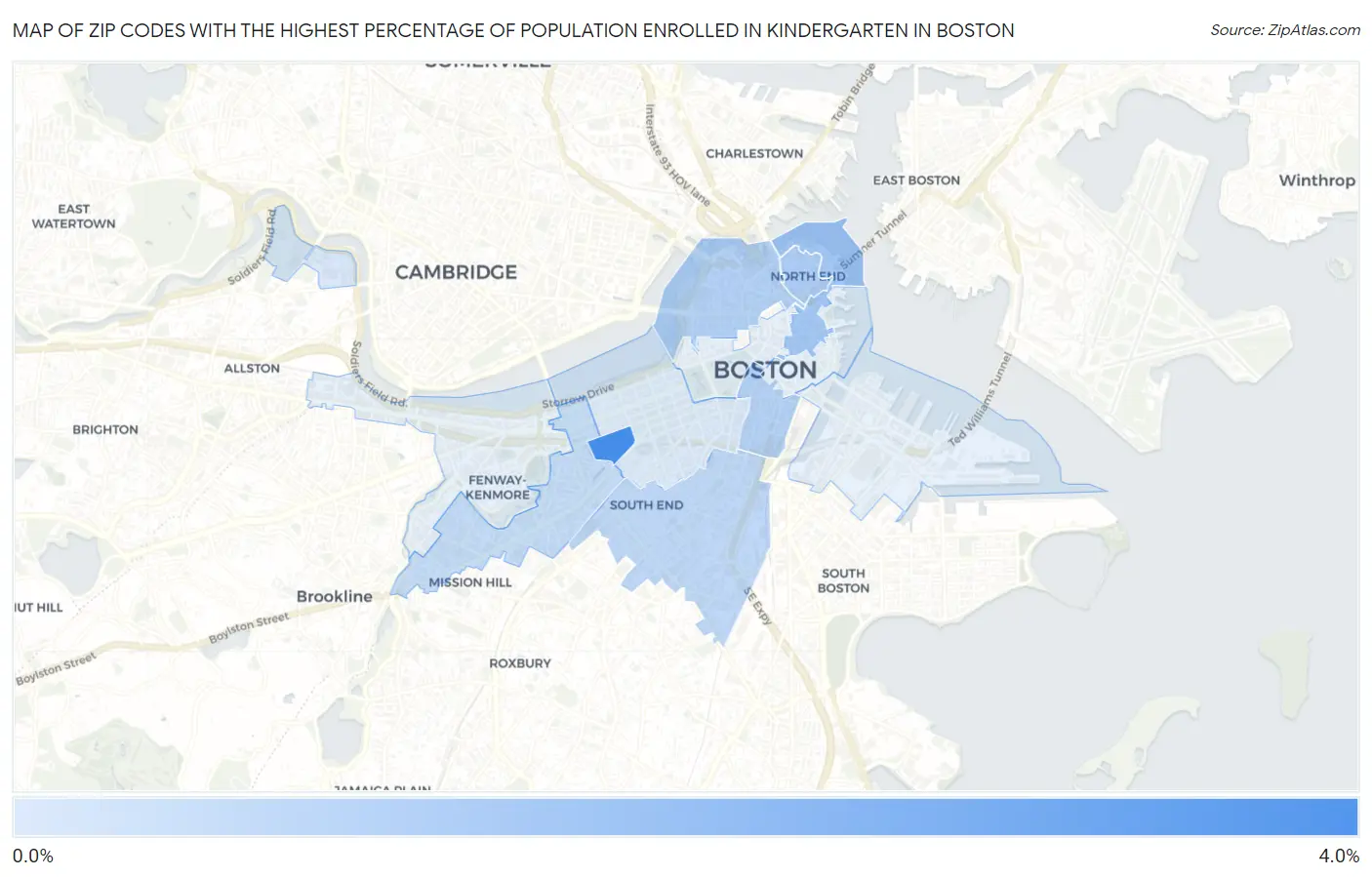 Zip Codes with the Highest Percentage of Population Enrolled in Kindergarten in Boston Map