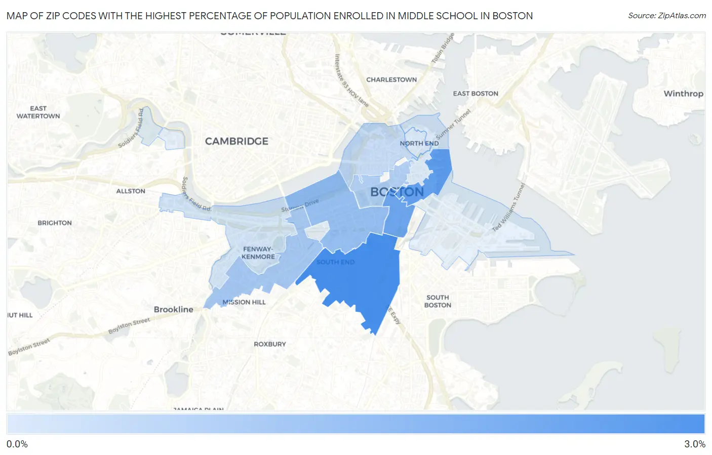 Zip Codes with the Highest Percentage of Population Enrolled in Middle School in Boston Map