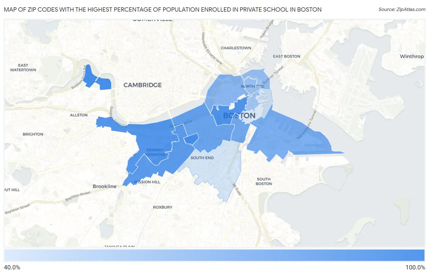 Zip Codes with the Highest Percentage of Population Enrolled in Private School in Boston Map