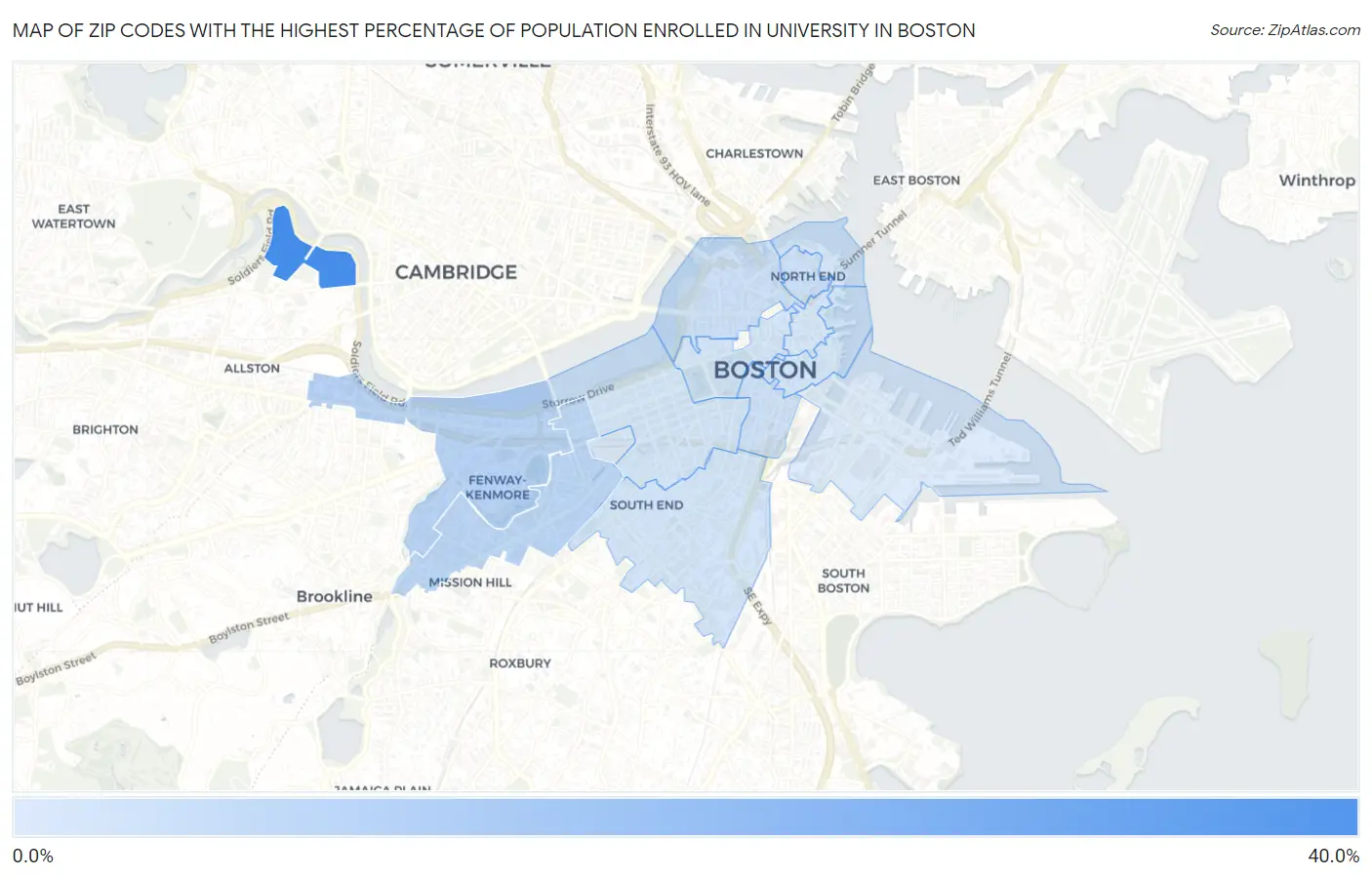 Zip Codes with the Highest Percentage of Population Enrolled in University in Boston Map
