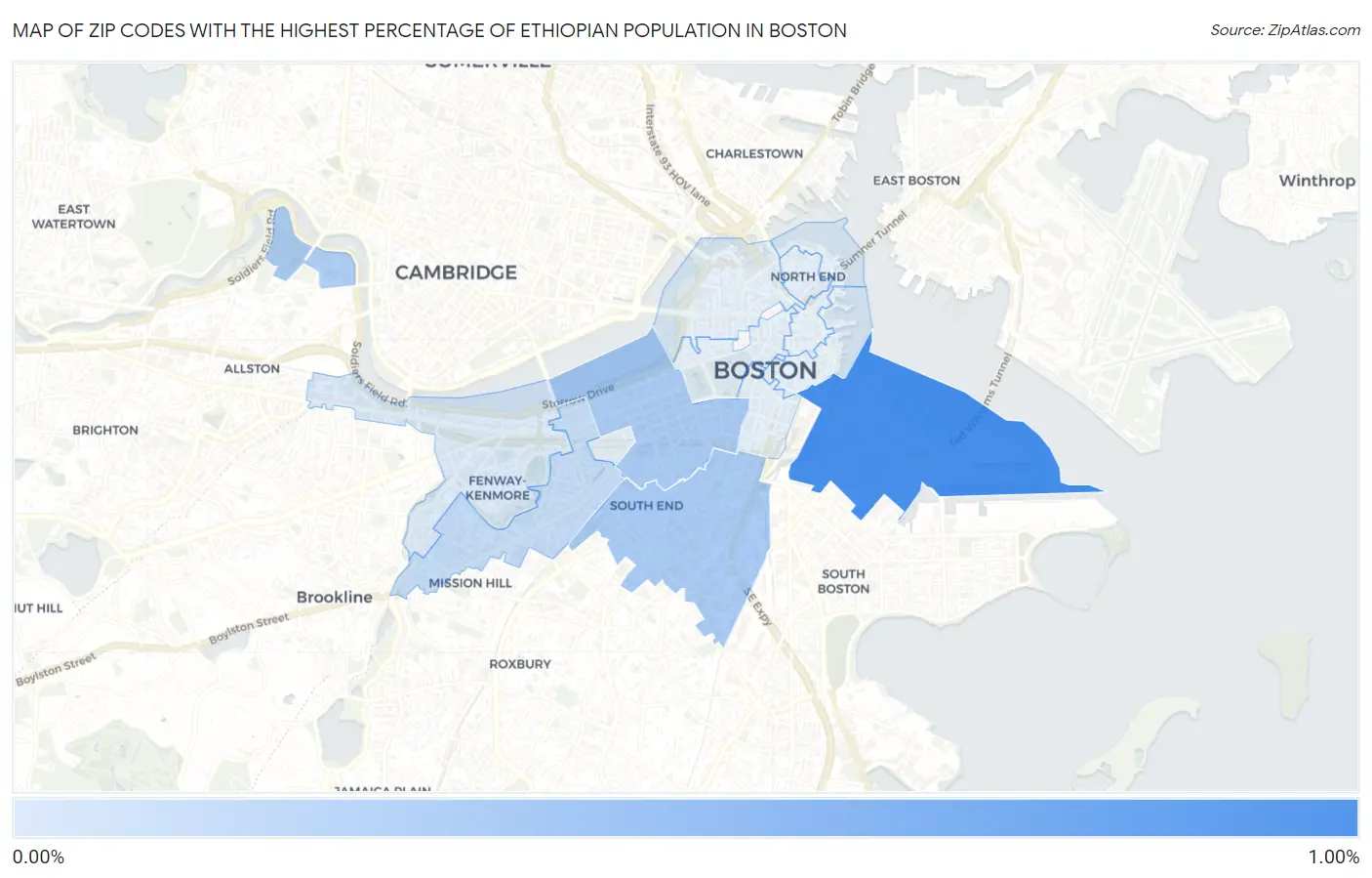 Zip Codes with the Highest Percentage of Ethiopian Population in Boston Map