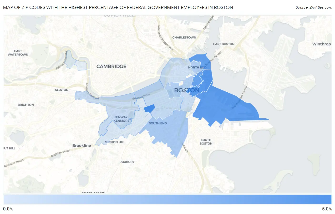 Zip Codes with the Highest Percentage of Federal Government Employees in Boston Map