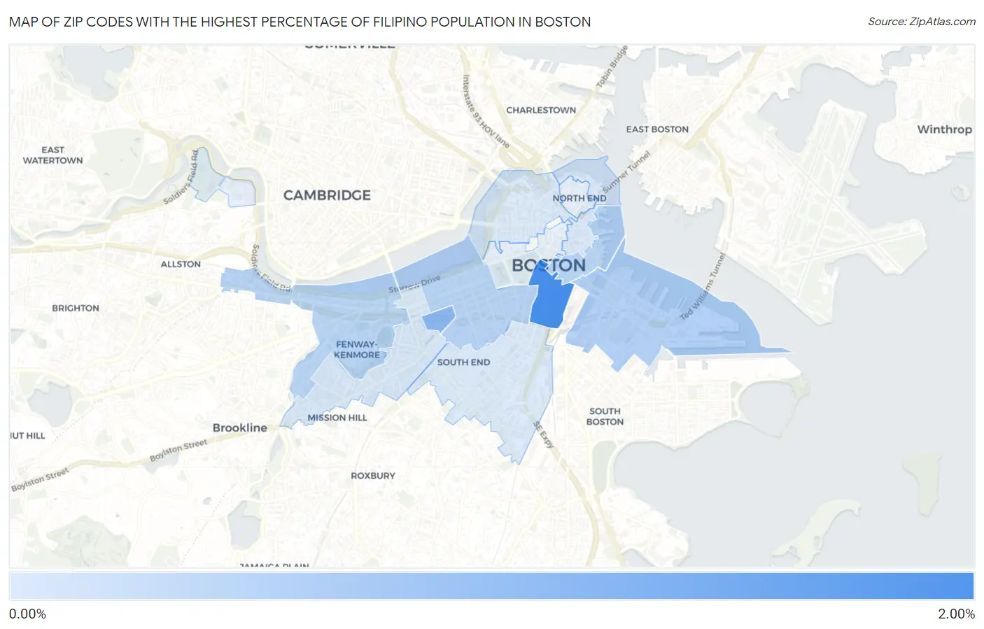 Zip Codes with the Highest Percentage of Filipino Population in Boston Map