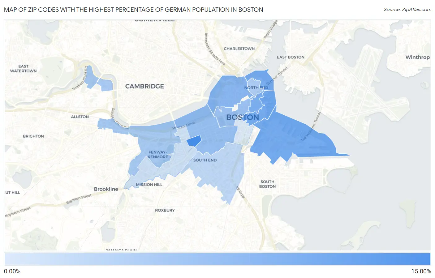 Zip Codes with the Highest Percentage of German Population in Boston Map