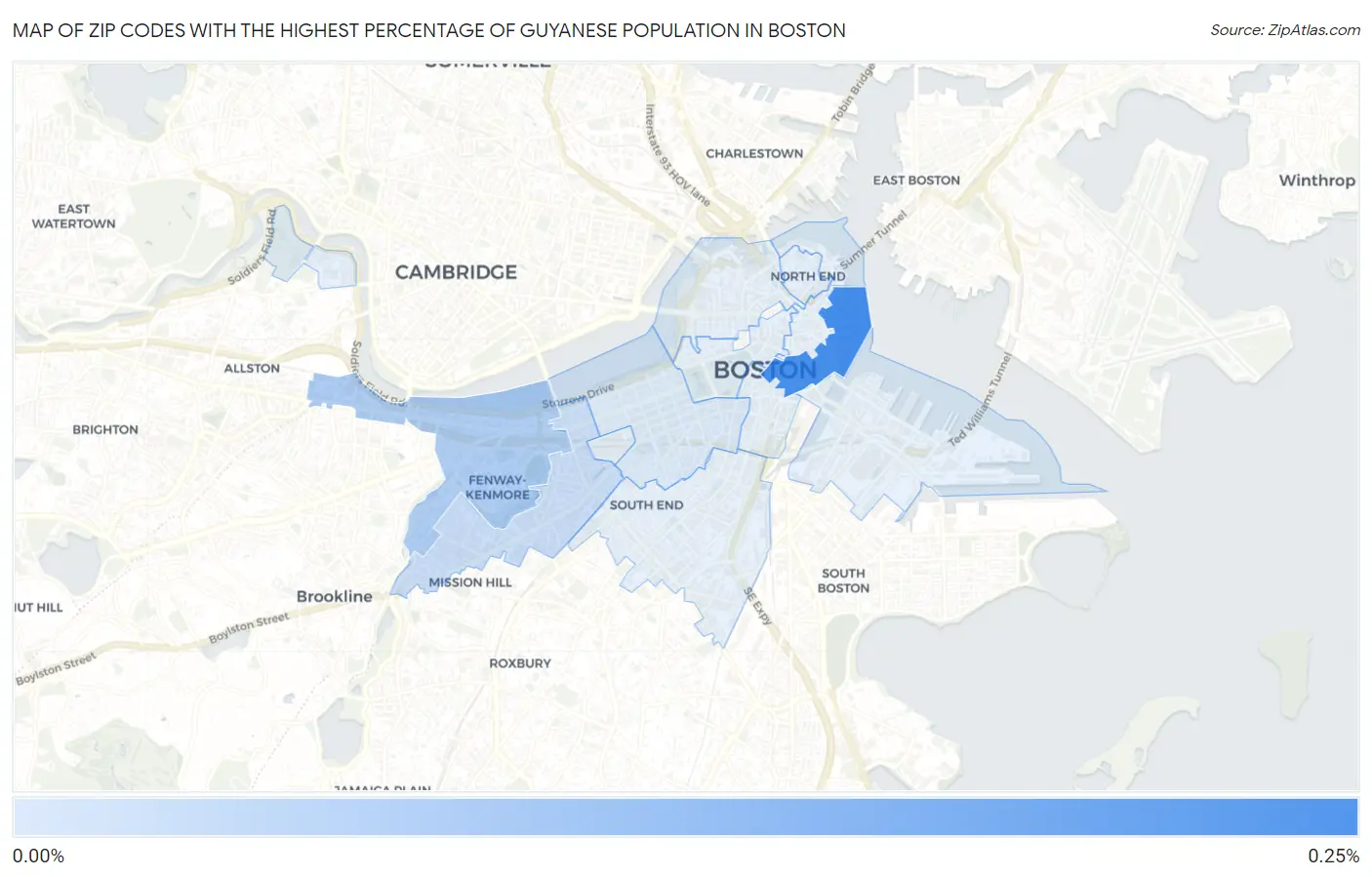 Zip Codes with the Highest Percentage of Guyanese Population in Boston Map