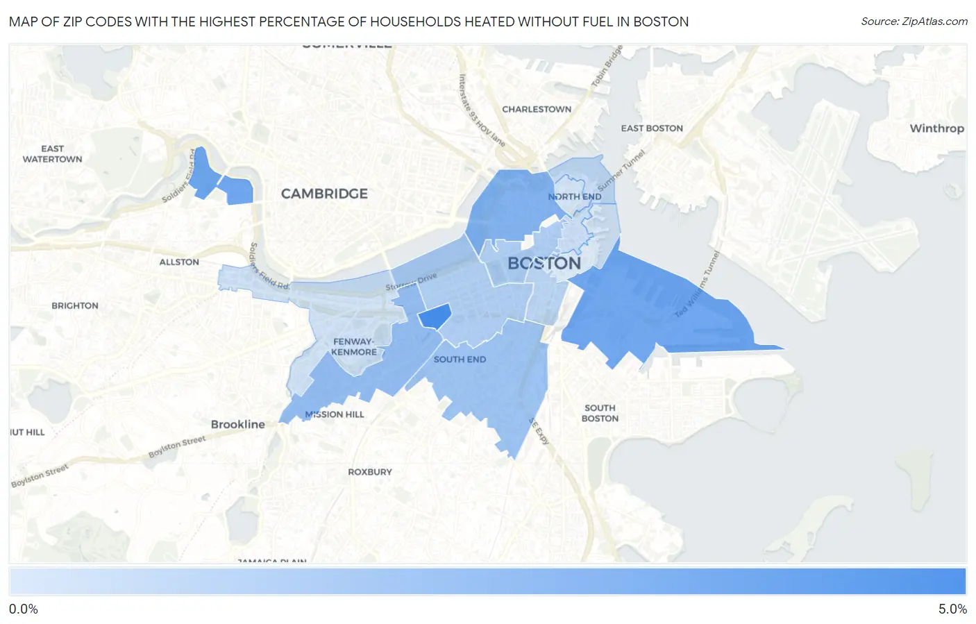 Zip Codes with the Highest Percentage of Households Heated without Fuel in Boston Map