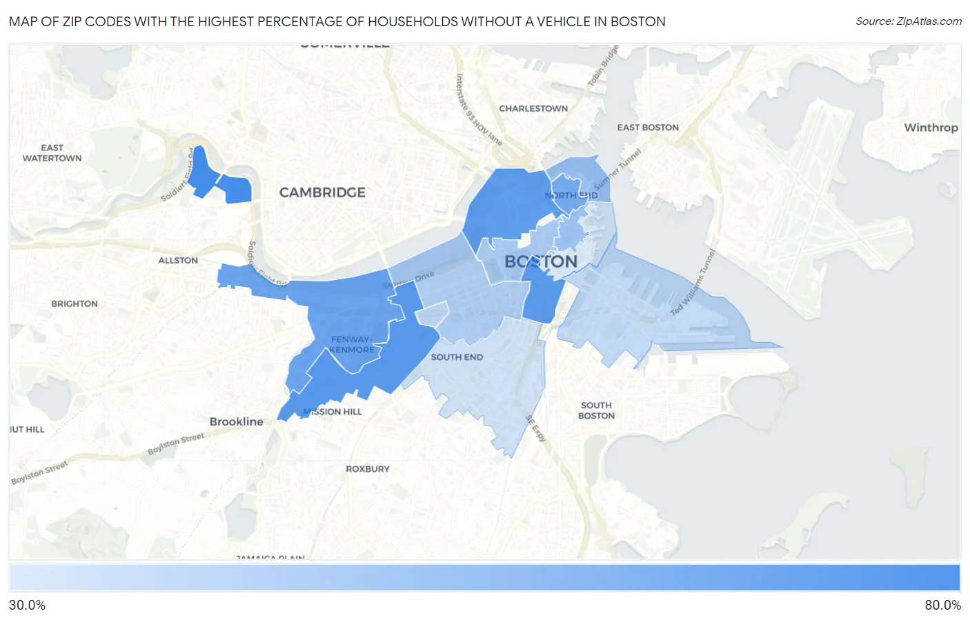Zip Codes with the Highest Percentage of Households Without a Vehicle in Boston Map