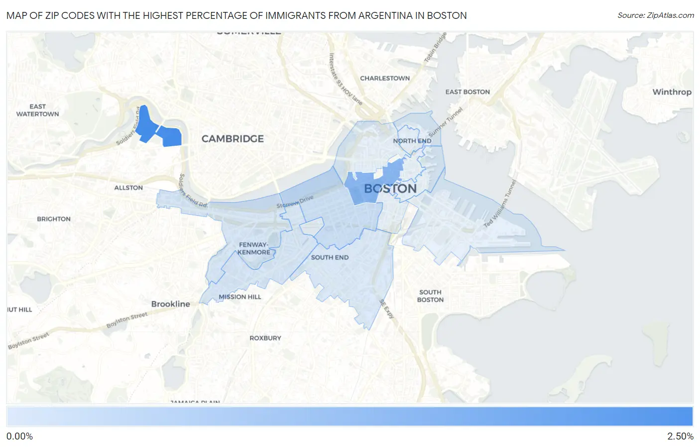 Zip Codes with the Highest Percentage of Immigrants from Argentina in Boston Map