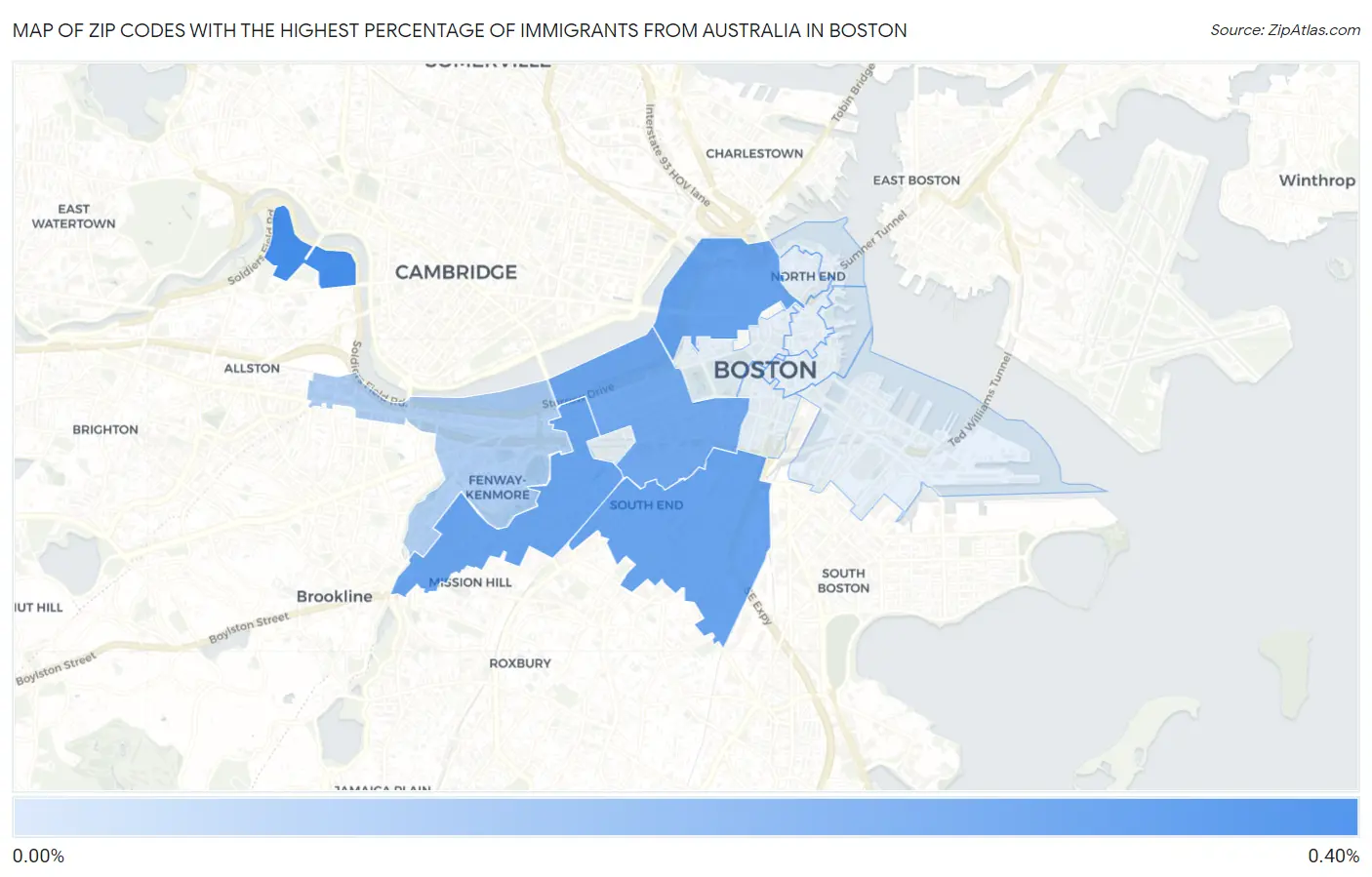 Zip Codes with the Highest Percentage of Immigrants from Australia in Boston Map