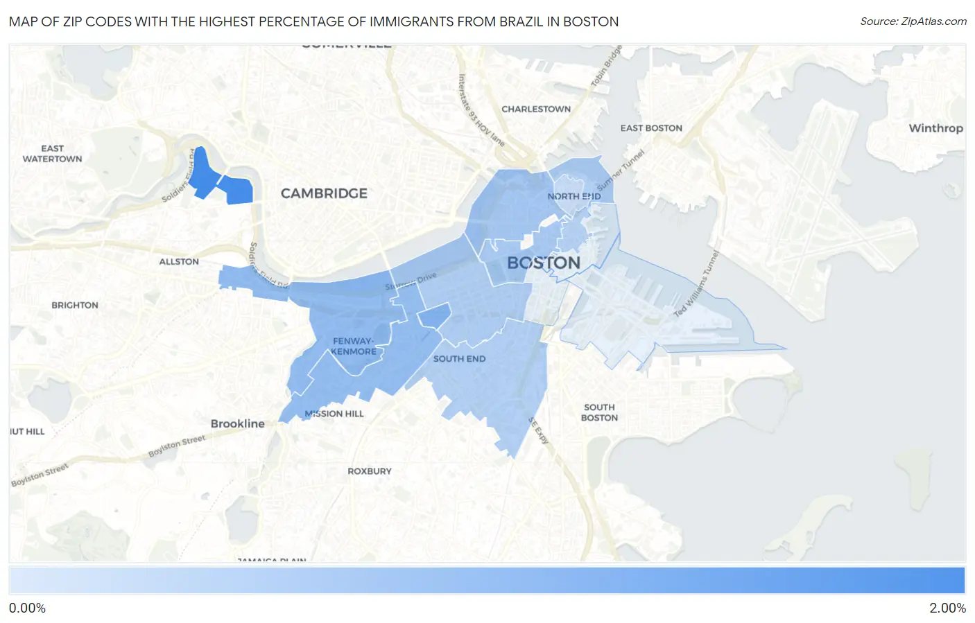 Zip Codes with the Highest Percentage of Immigrants from Brazil in Boston Map