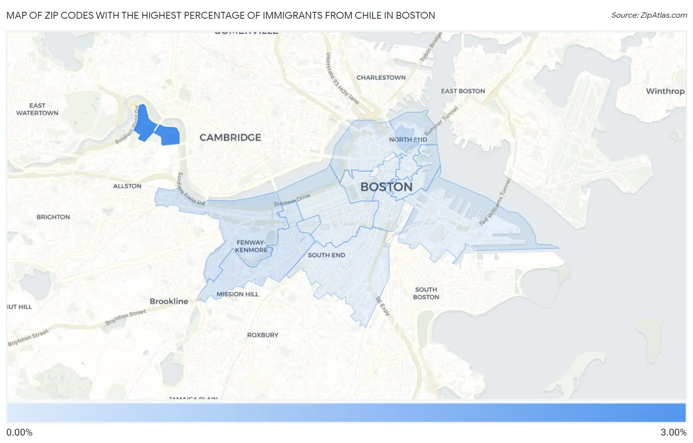 Zip Codes with the Highest Percentage of Immigrants from Chile in Boston Map