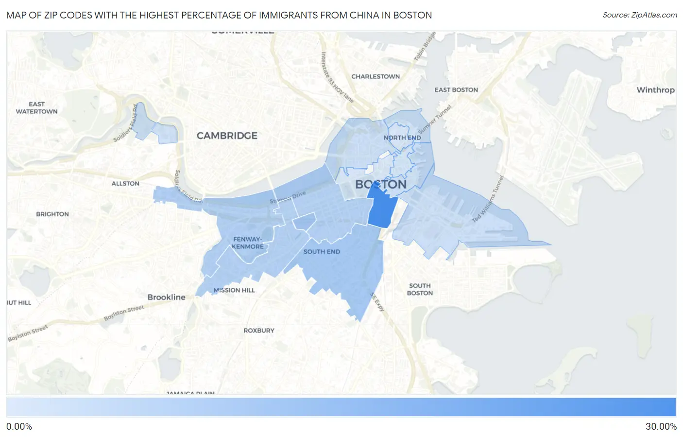 Zip Codes with the Highest Percentage of Immigrants from China in Boston Map