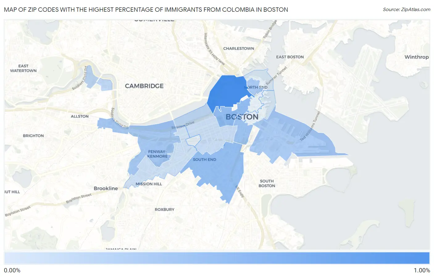 Zip Codes with the Highest Percentage of Immigrants from Colombia in Boston Map