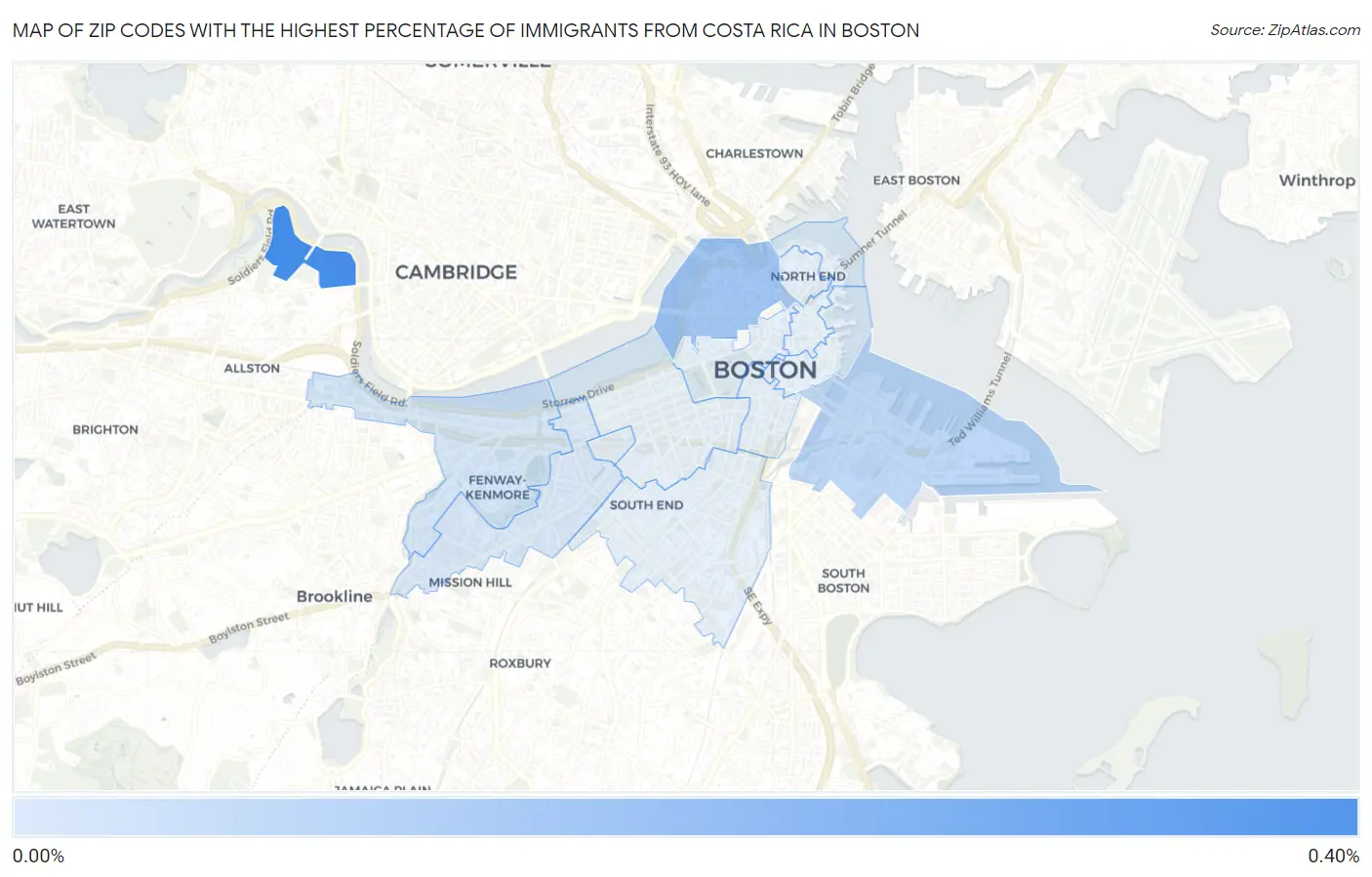 Zip Codes with the Highest Percentage of Immigrants from Costa Rica in Boston Map