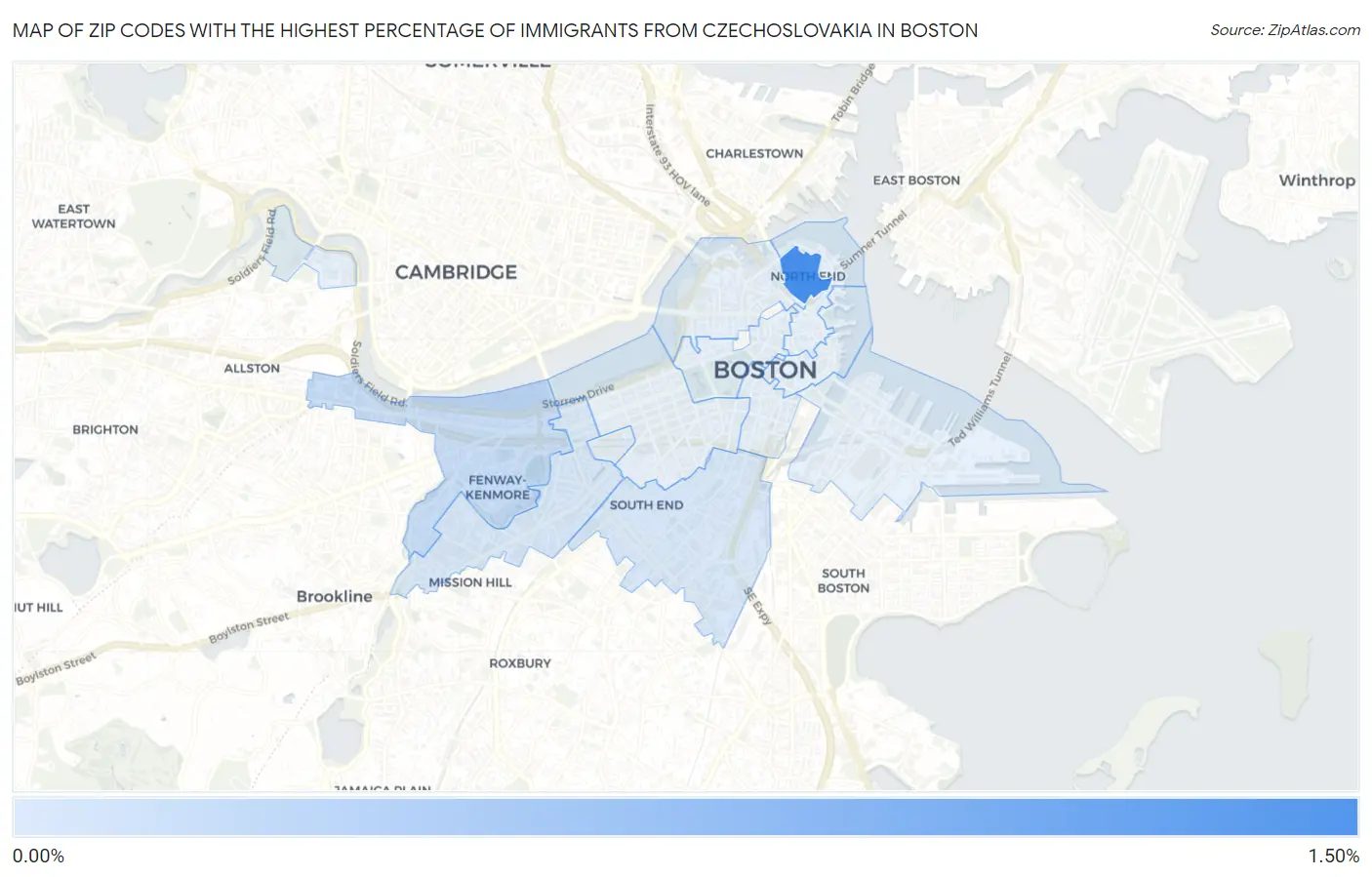 Zip Codes with the Highest Percentage of Immigrants from Czechoslovakia in Boston Map
