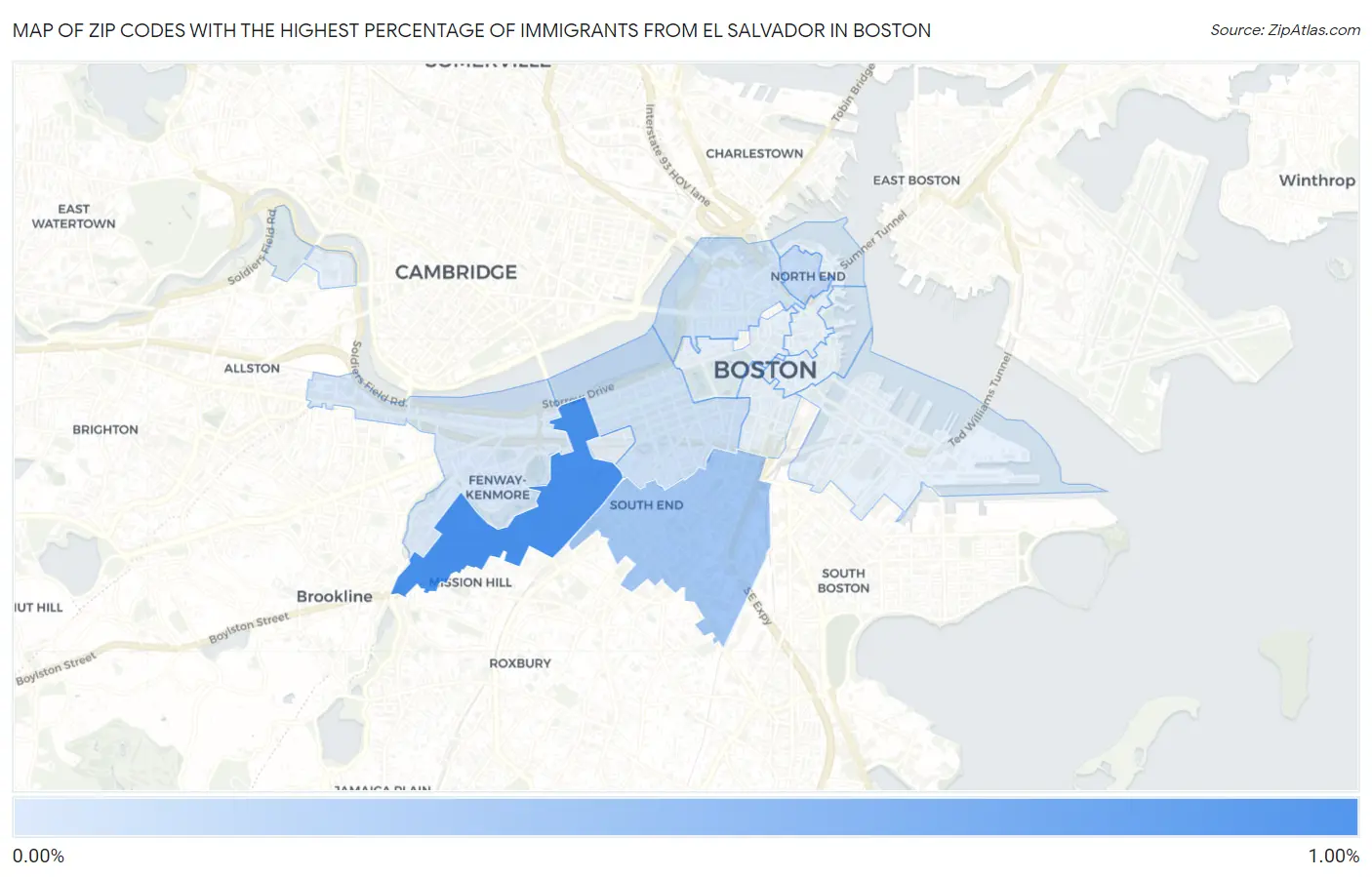 Zip Codes with the Highest Percentage of Immigrants from El Salvador in Boston Map
