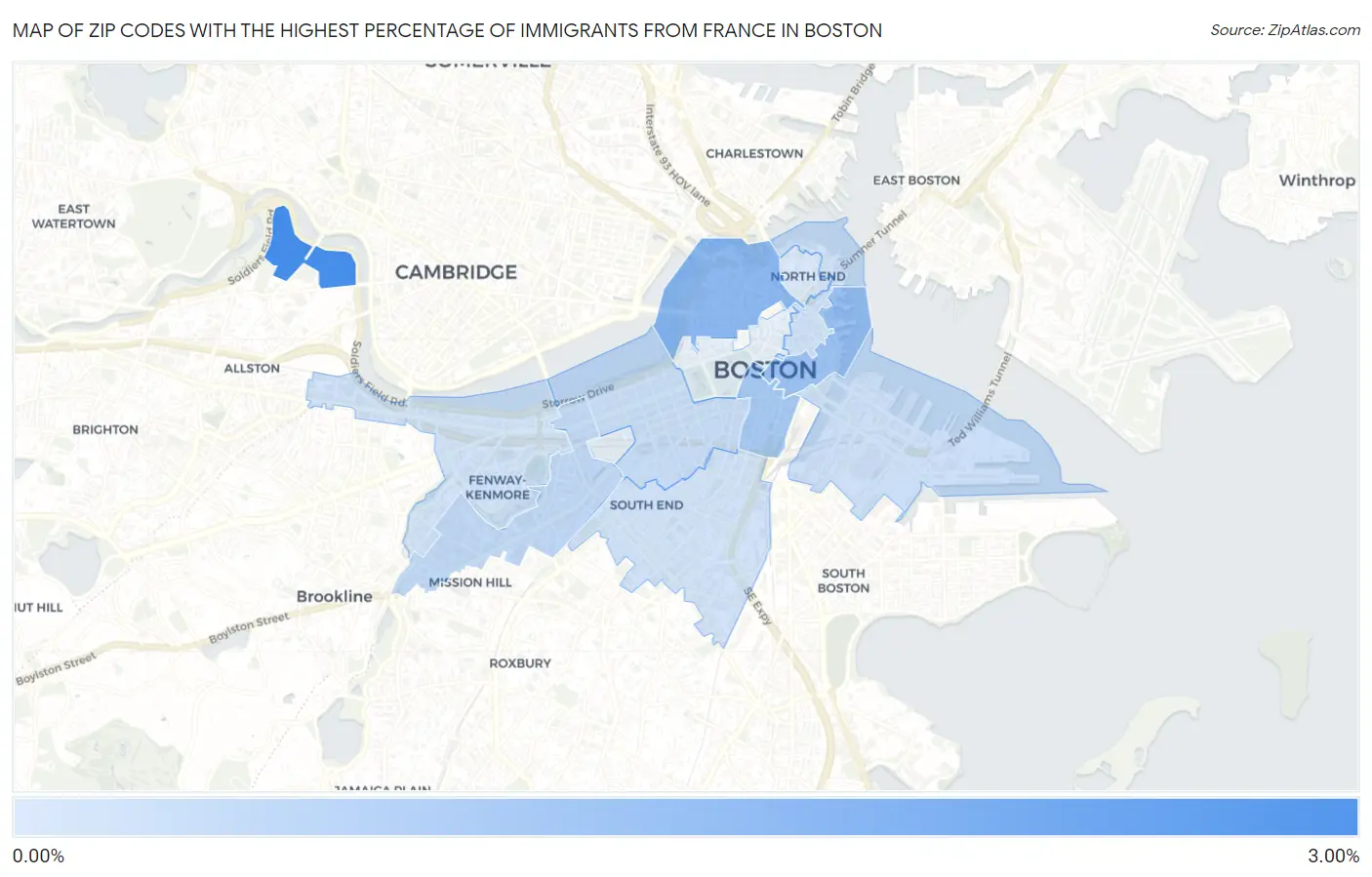 Zip Codes with the Highest Percentage of Immigrants from France in Boston Map