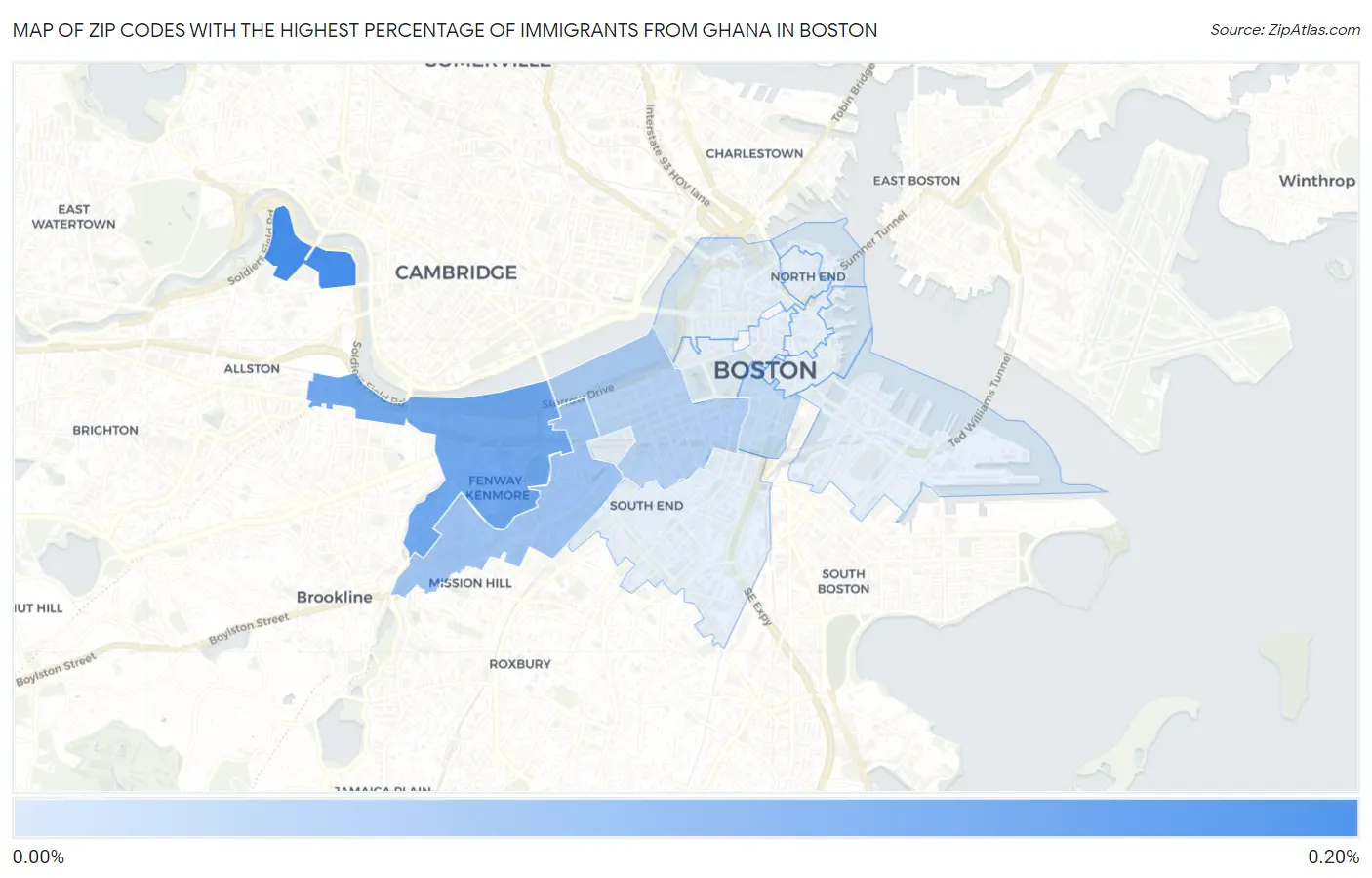 Zip Codes with the Highest Percentage of Immigrants from Ghana in Boston Map