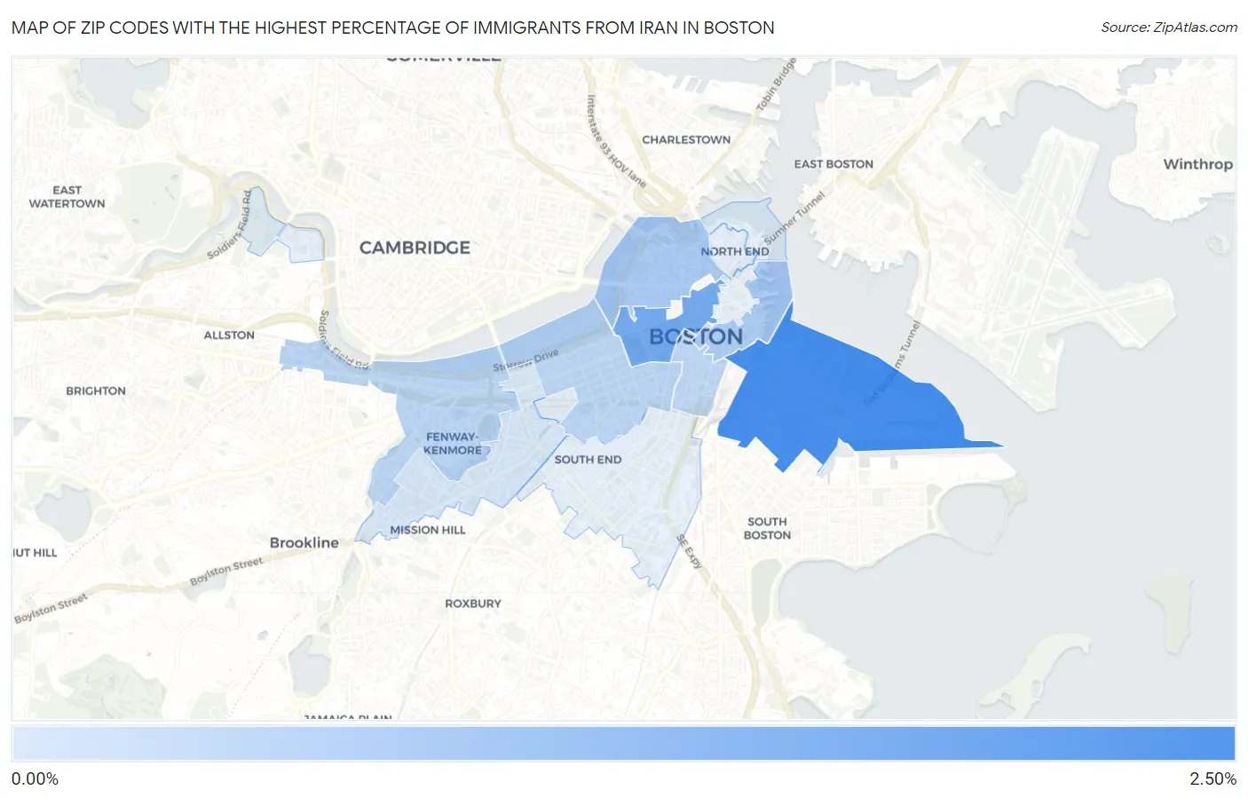 Zip Codes with the Highest Percentage of Immigrants from Iran in Boston Map