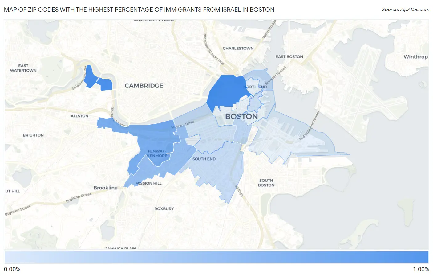 Zip Codes with the Highest Percentage of Immigrants from Israel in Boston Map