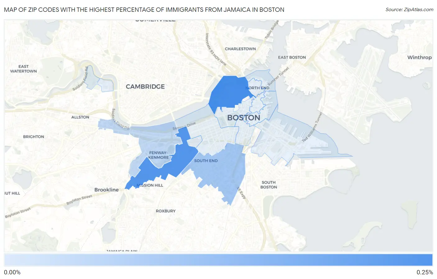Zip Codes with the Highest Percentage of Immigrants from Jamaica in Boston Map