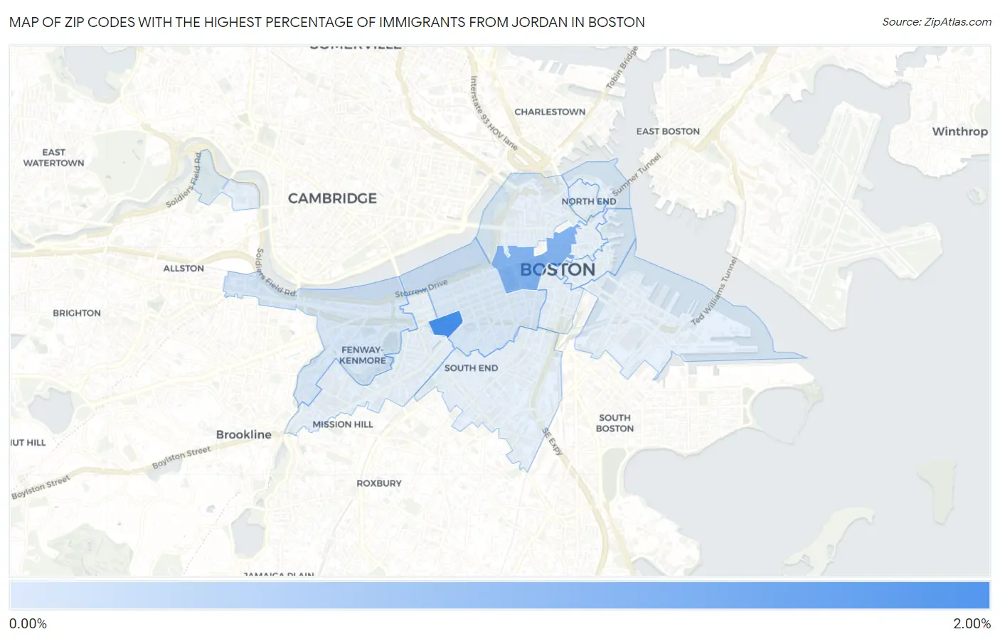 Zip Codes with the Highest Percentage of Immigrants from Jordan in Boston Map