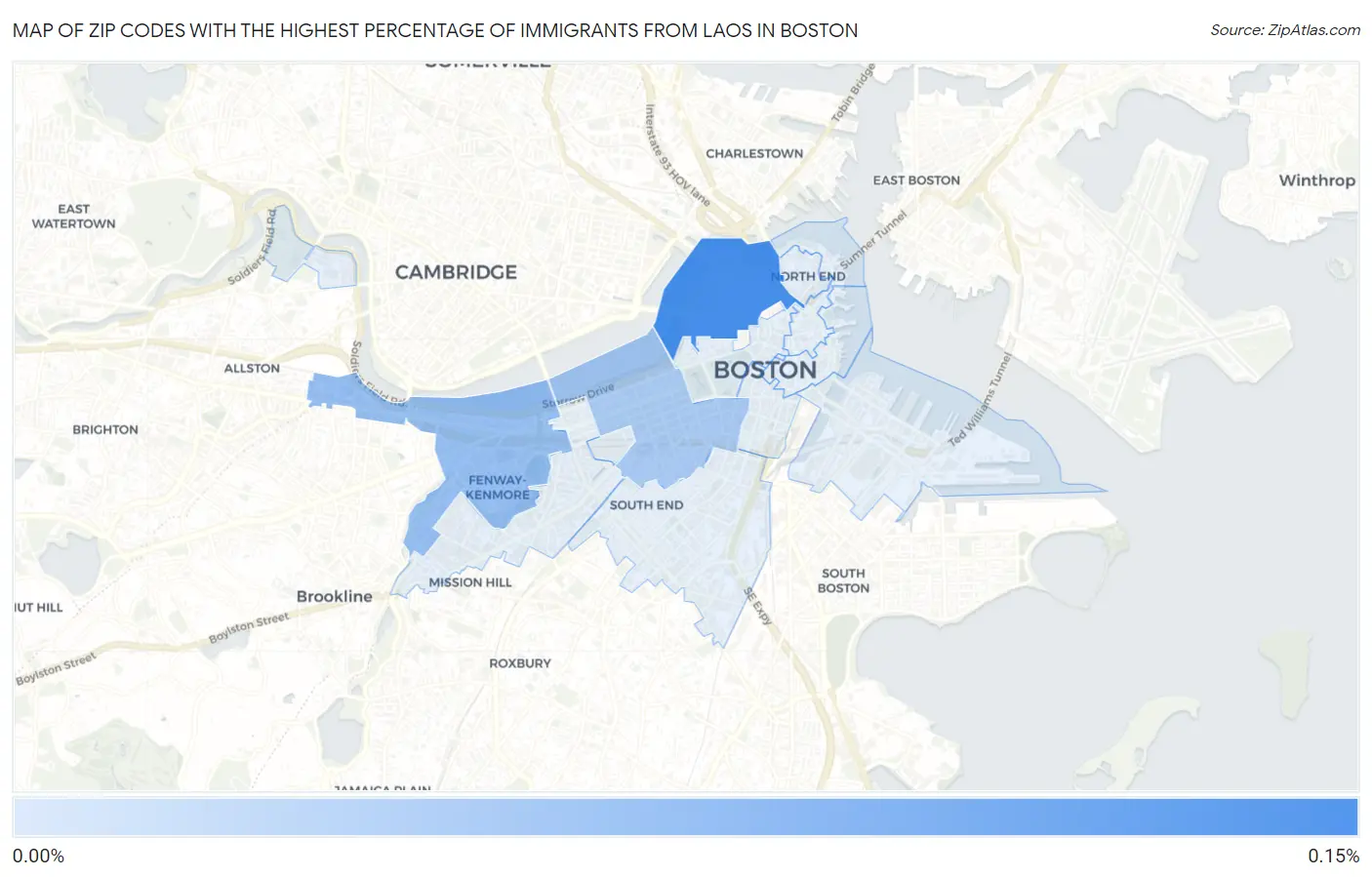 Zip Codes with the Highest Percentage of Immigrants from Laos in Boston Map