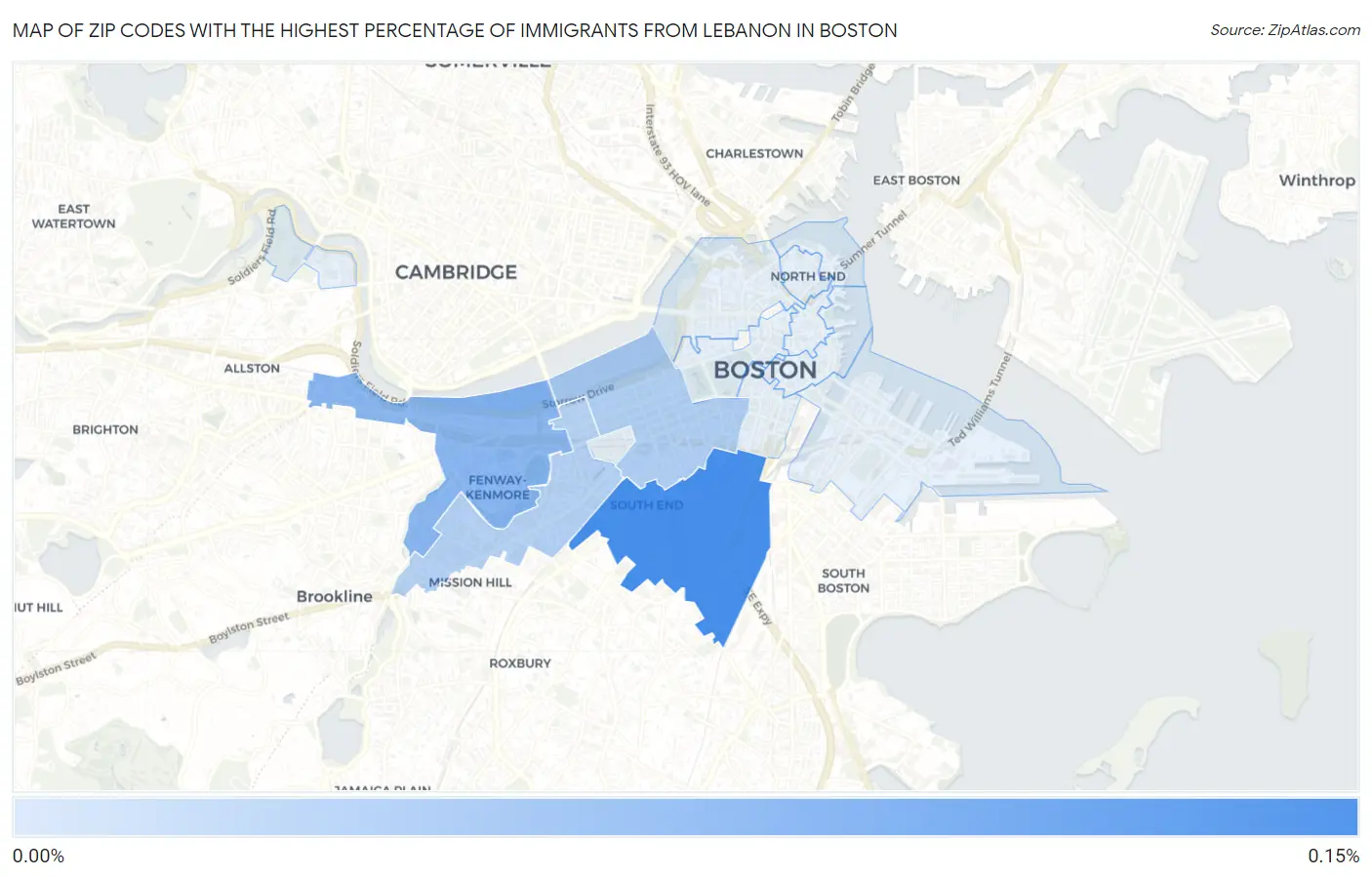 Zip Codes with the Highest Percentage of Immigrants from Lebanon in Boston Map