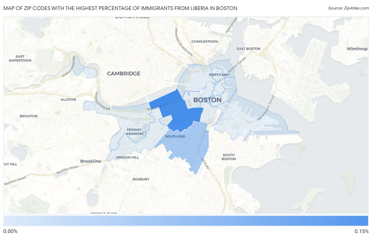 Zip Codes with the Highest Percentage of Immigrants from Liberia in Boston Map