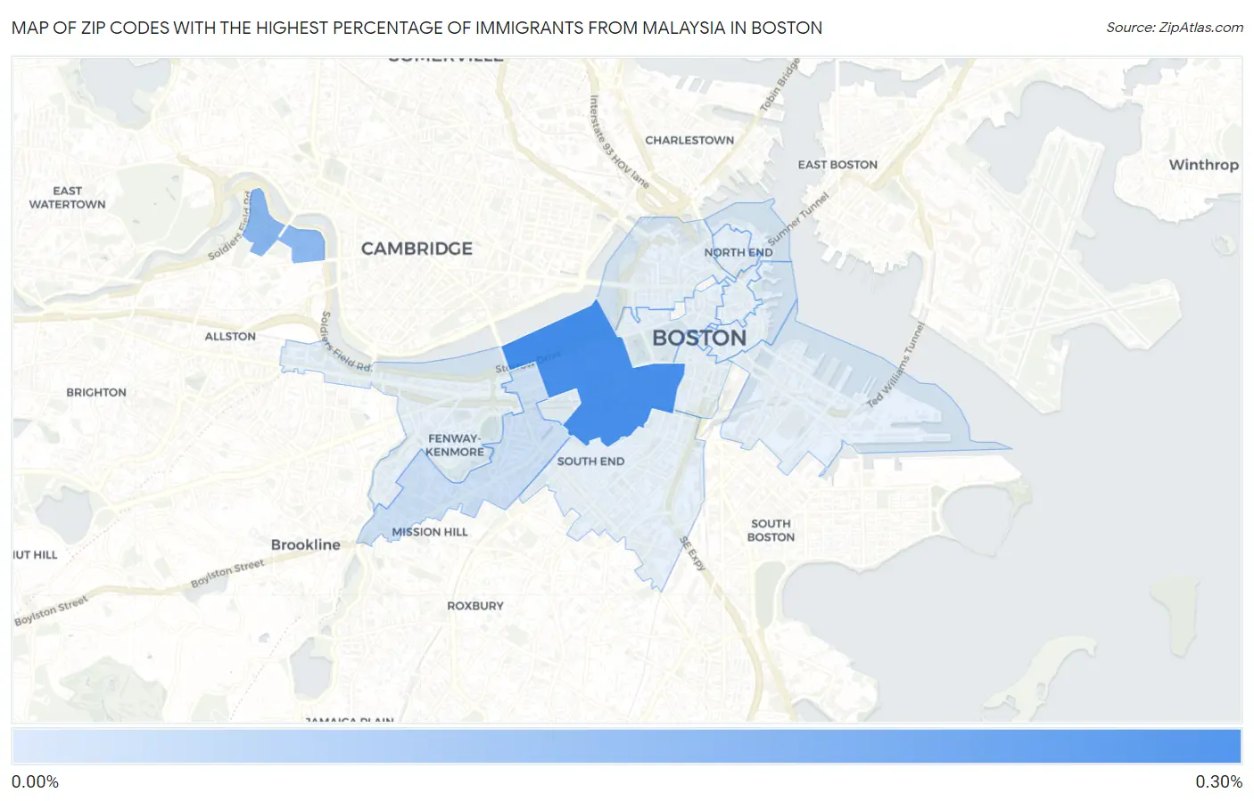 Zip Codes with the Highest Percentage of Immigrants from Malaysia in Boston Map
