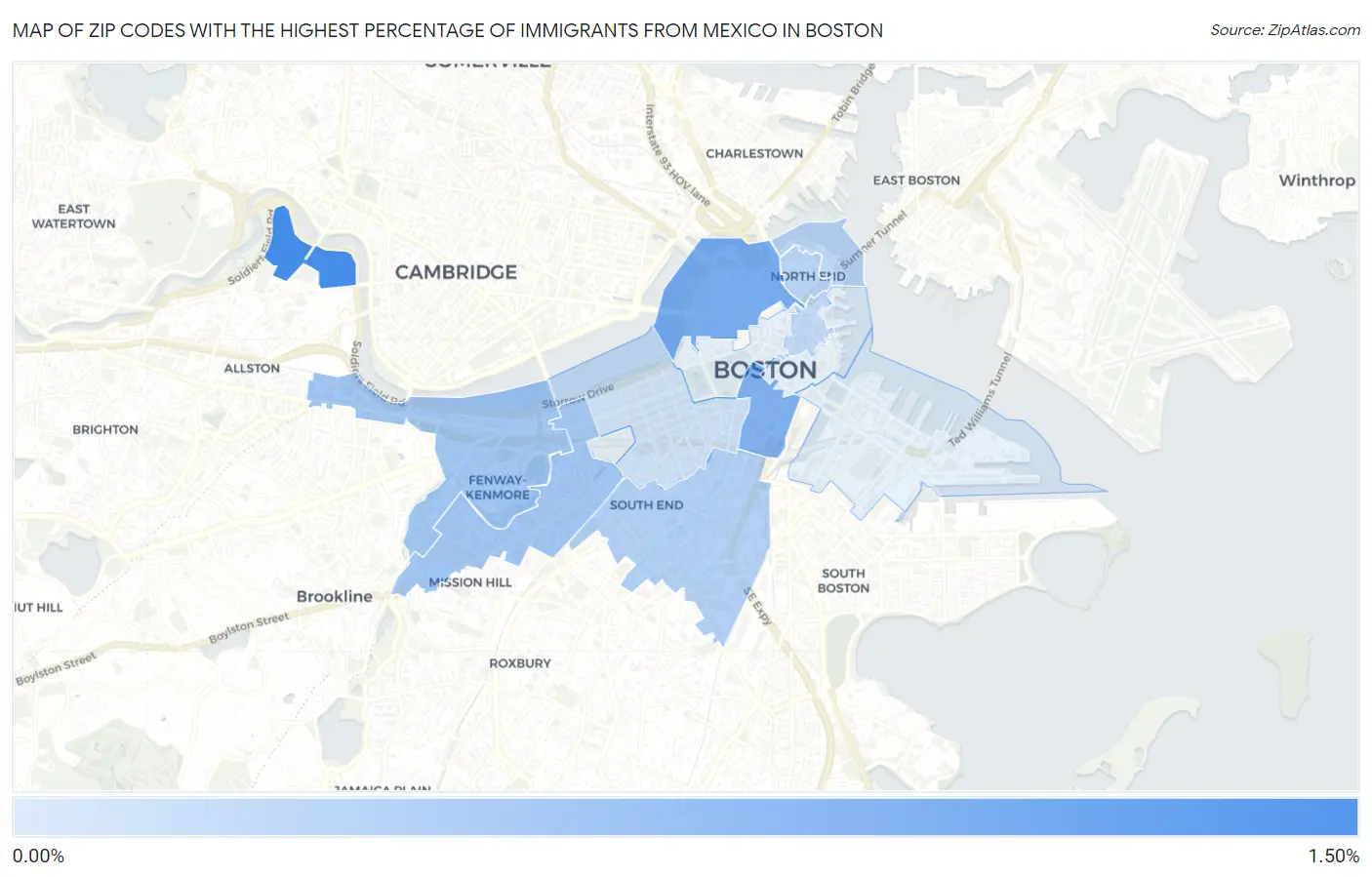 Zip Codes with the Highest Percentage of Immigrants from Mexico in Boston Map