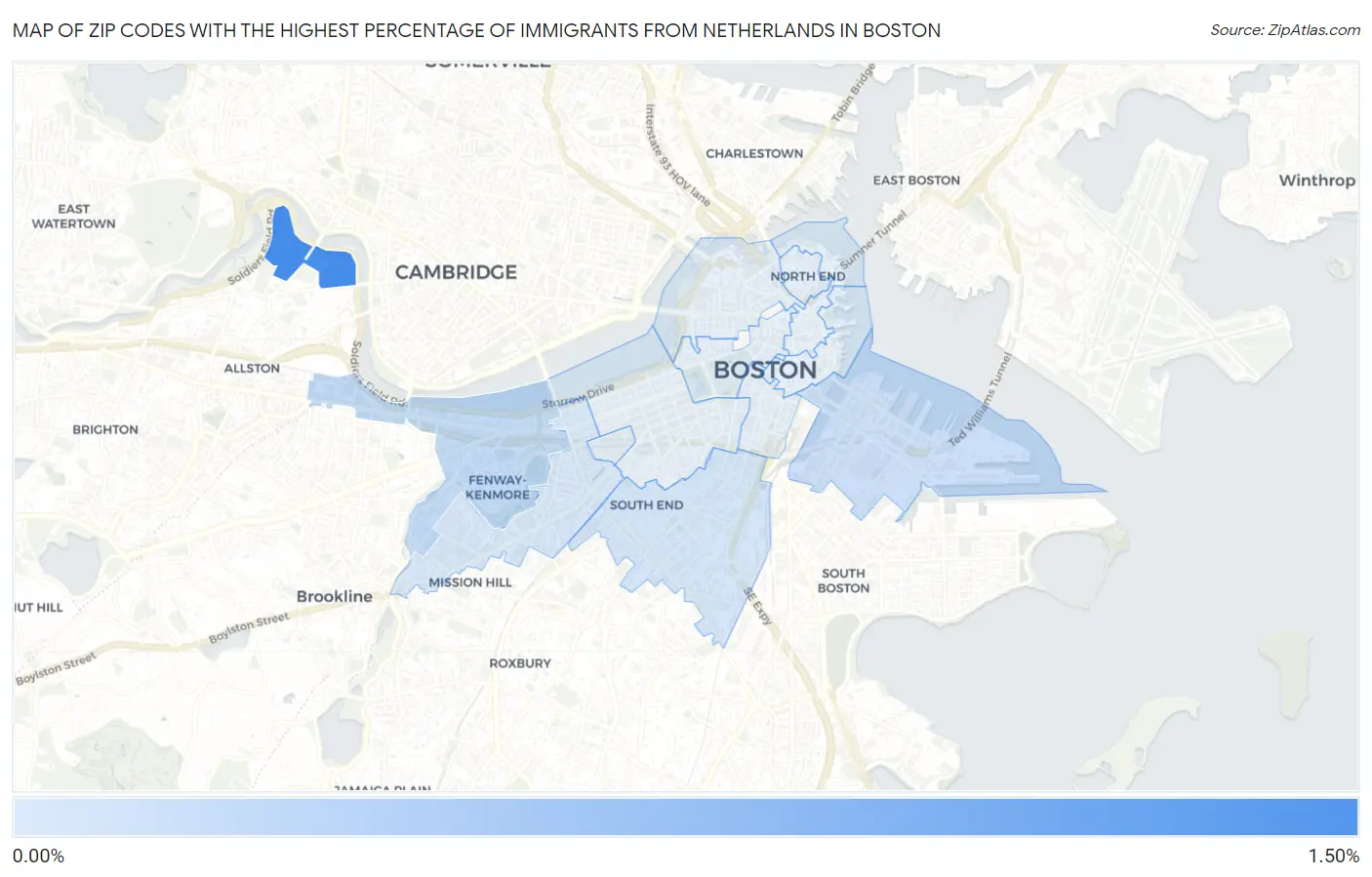 Zip Codes with the Highest Percentage of Immigrants from Netherlands in Boston Map