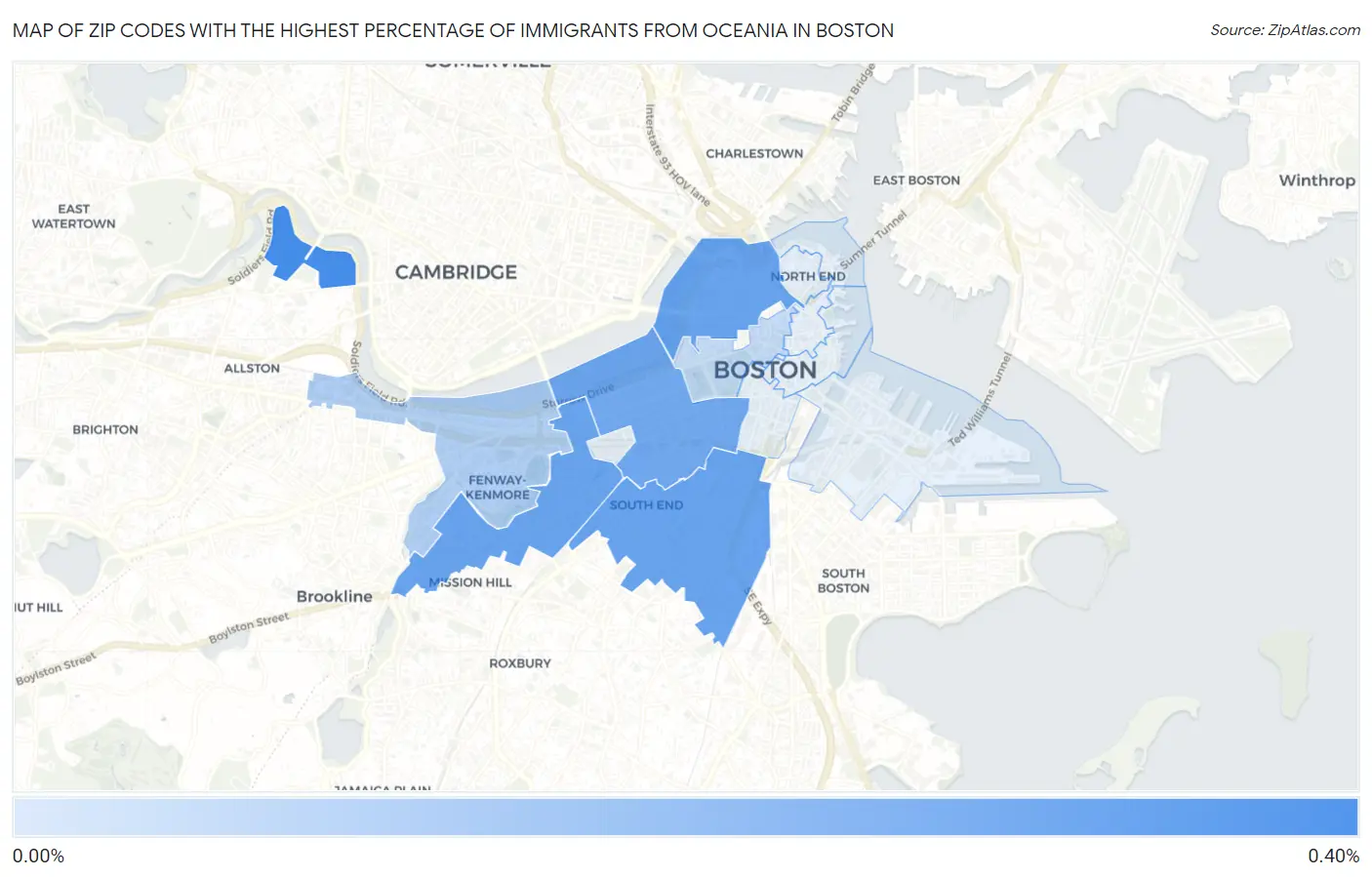 Zip Codes with the Highest Percentage of Immigrants from Oceania in Boston Map
