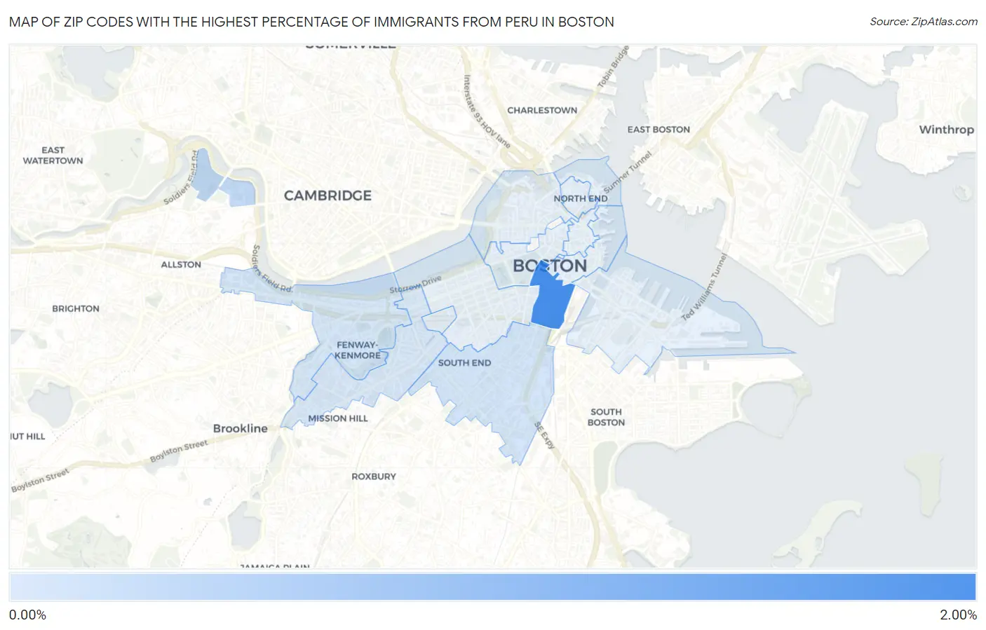 Zip Codes with the Highest Percentage of Immigrants from Peru in Boston Map