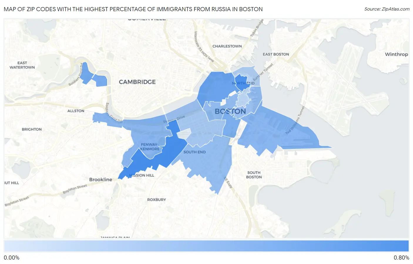Zip Codes with the Highest Percentage of Immigrants from Russia in Boston Map