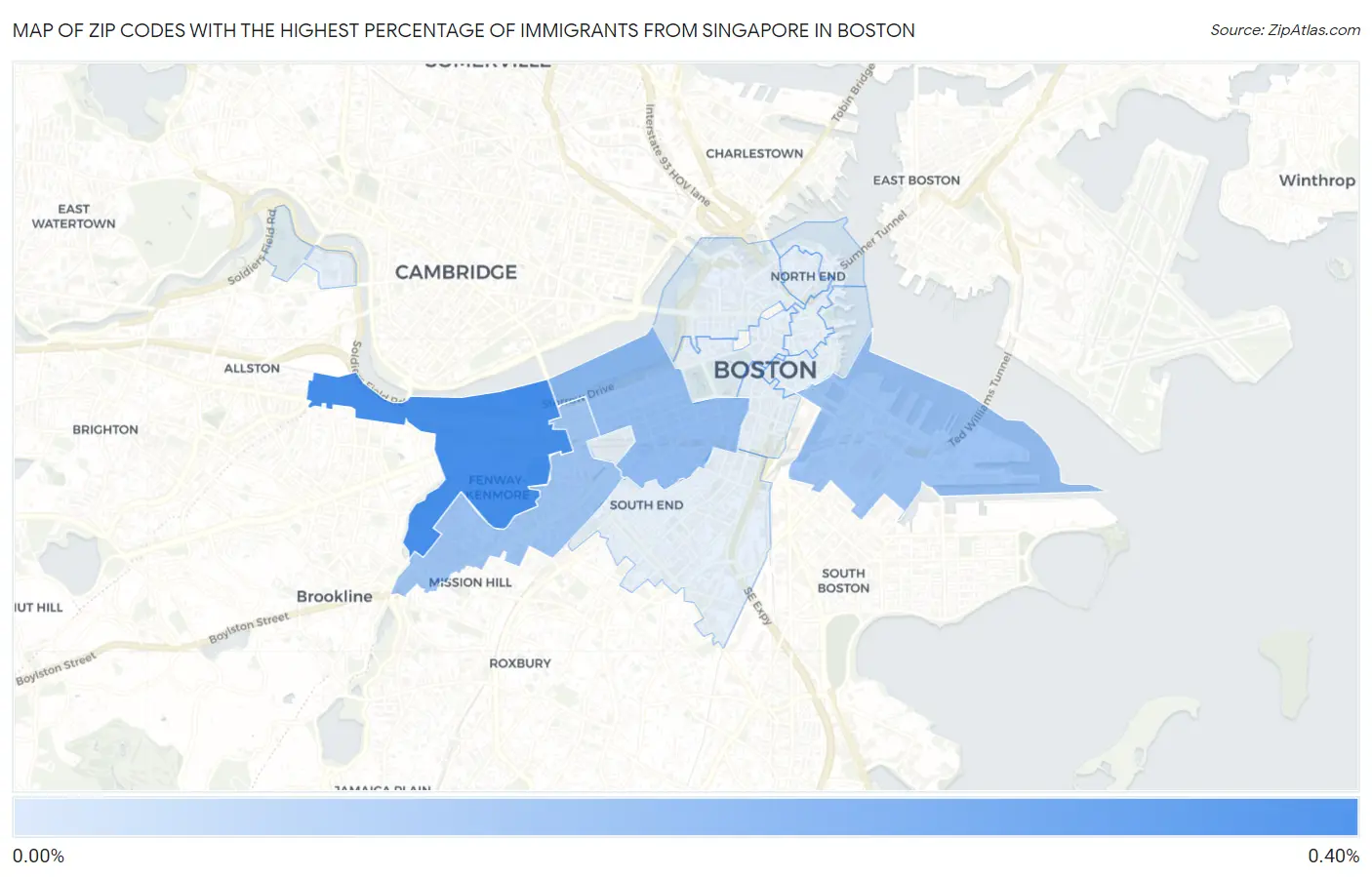Zip Codes with the Highest Percentage of Immigrants from Singapore in Boston Map