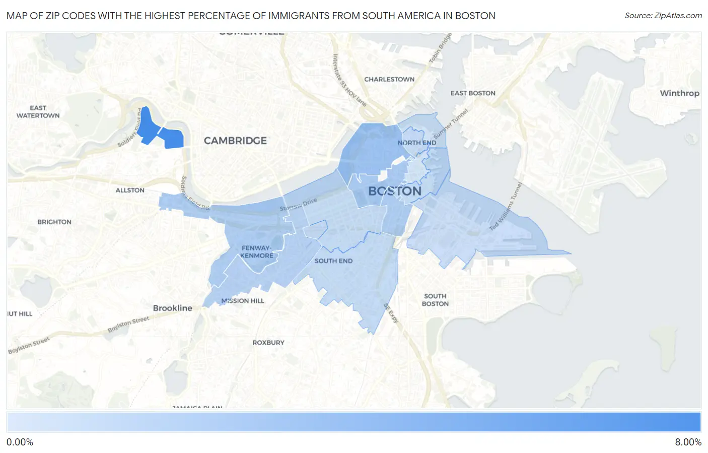 Zip Codes with the Highest Percentage of Immigrants from South America in Boston Map