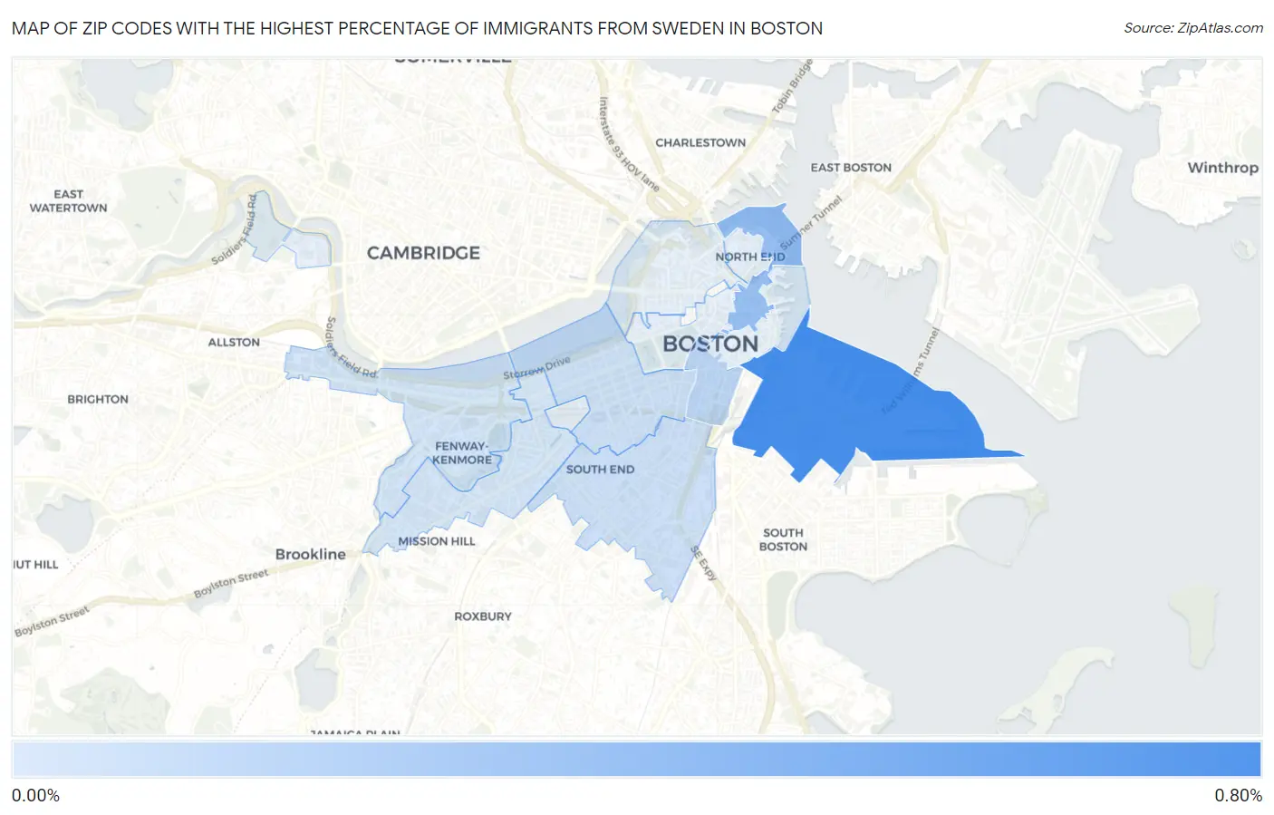 Zip Codes with the Highest Percentage of Immigrants from Sweden in Boston Map