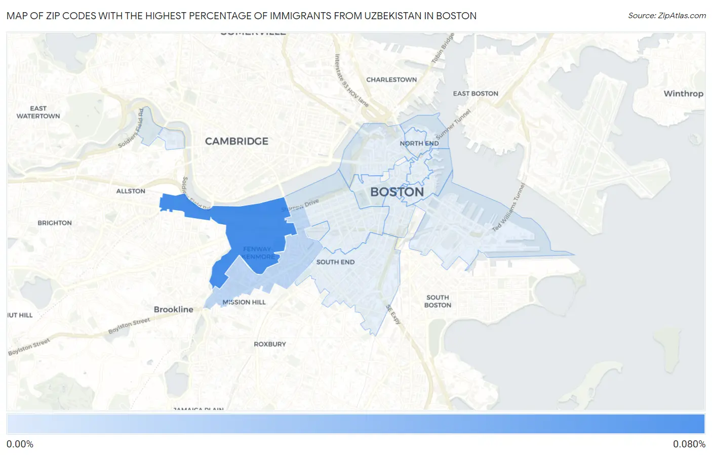 Zip Codes with the Highest Percentage of Immigrants from Uzbekistan in Boston Map