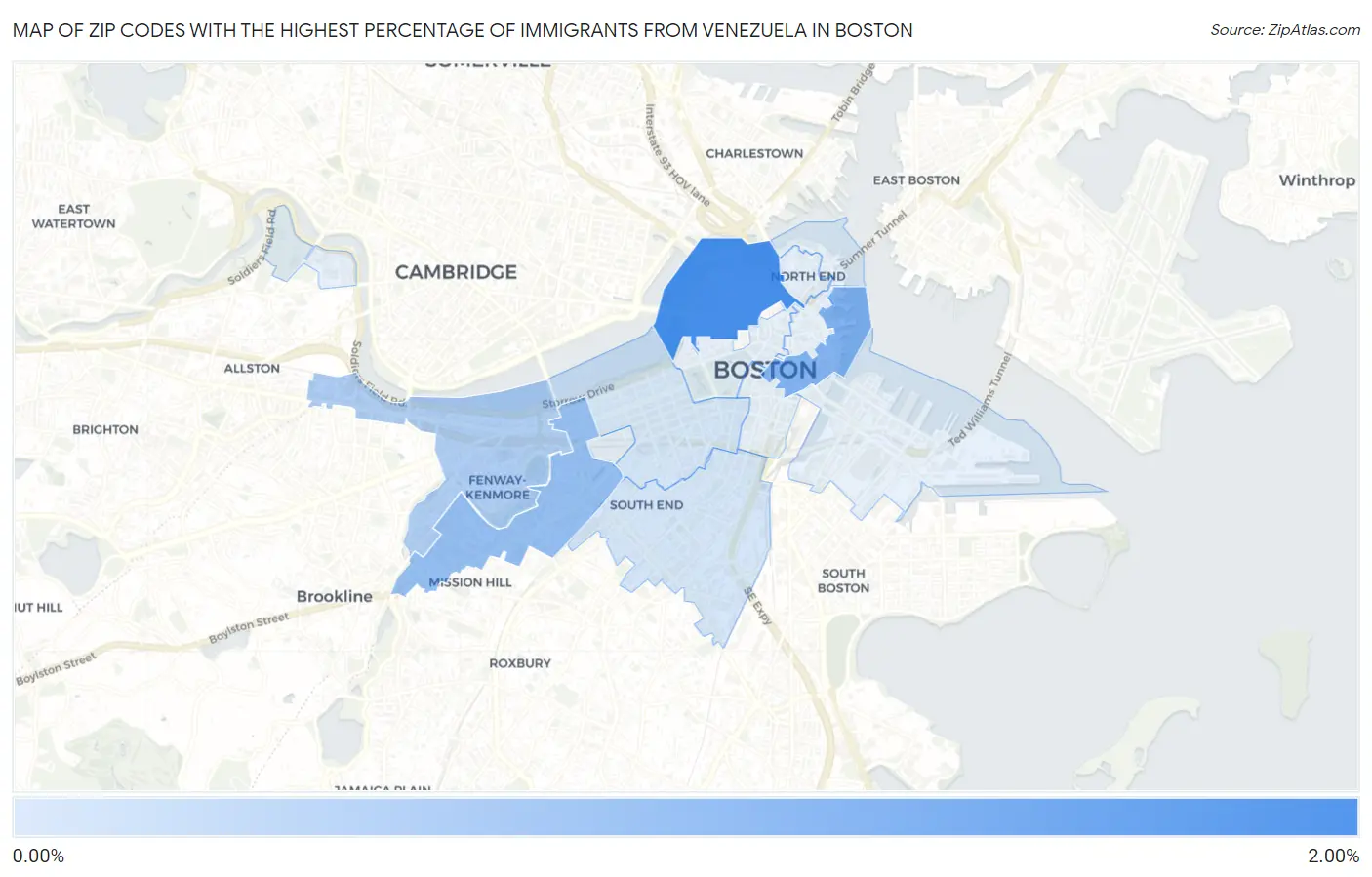 Zip Codes with the Highest Percentage of Immigrants from Venezuela in Boston Map